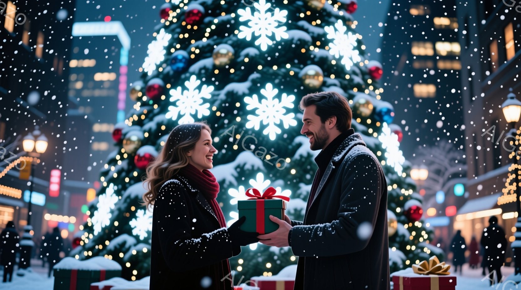 街のクリスマスツリーの前で、若い女性と男性がプレゼント交換をしている様子が写っています。女性は赤いリボンが付いた緑色の箱を受け取り、微笑んでいます。背景には、雪が舞う夜の街並みと、輝くクリスマスツリー - AI生成フリー素材