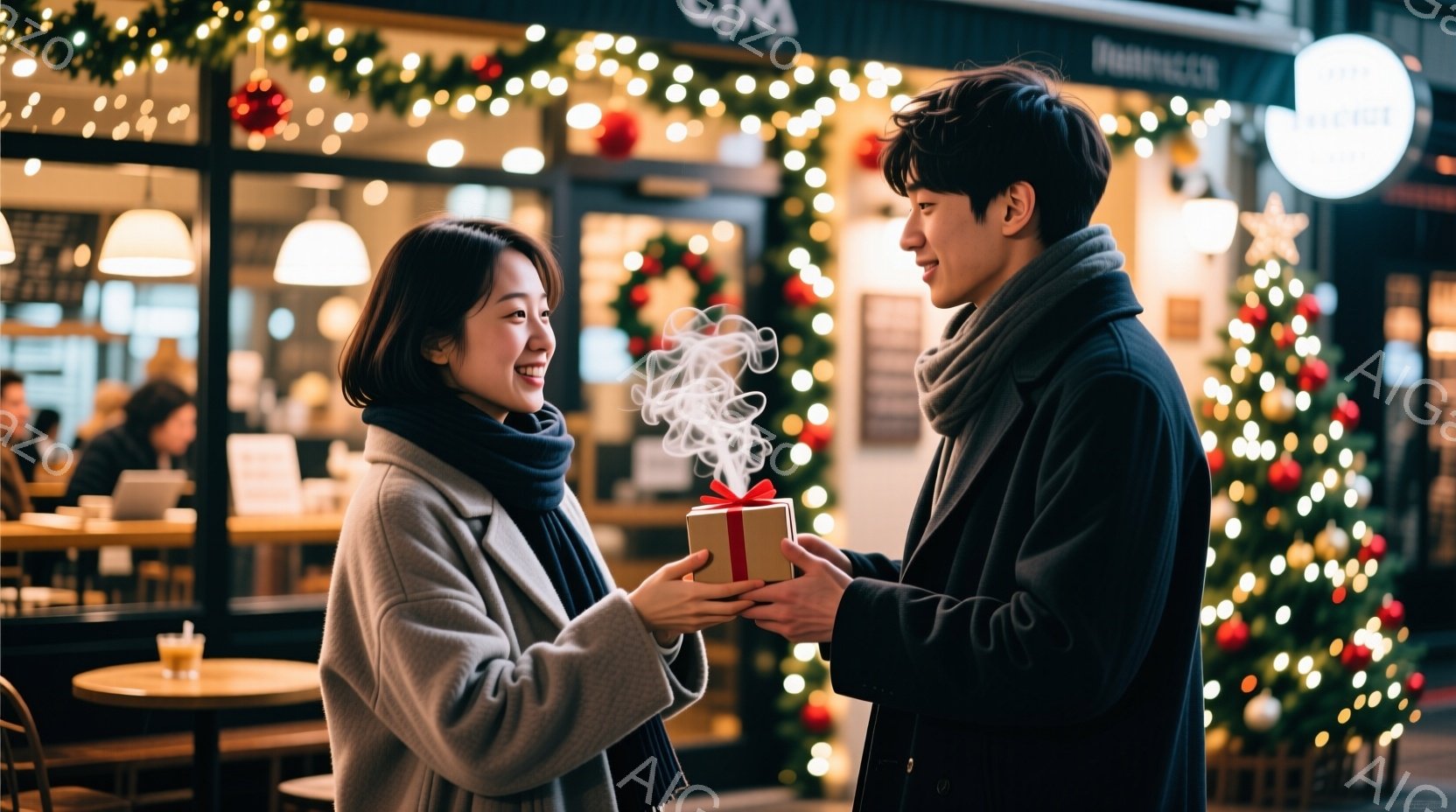 街のカフェの前で、若い女性がプレゼントを受け取る様子が写っています。女性はグレーのコートにマフラーを巻き、笑顔でプレゼントを見つめています。背景にはクリスマスイルミネーションが輝き、カフェの窓からは暖かな光が漏れ、ロマンチックで温かい雰囲気が漂っています。