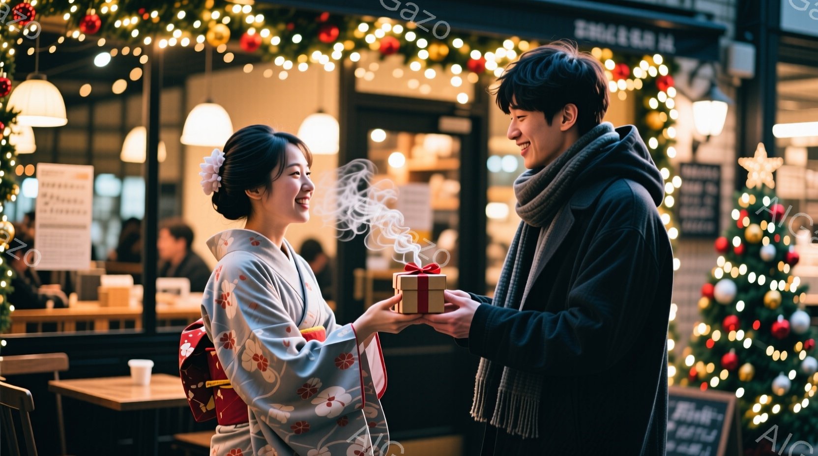 一対の男女がクリスマス時期の賑やかな通りでプレゼントを交換している様子が描かれています。女性は、淡い水色の花柄の着物を着ており、髪は綺麗にまとめられ、笑顔を浮かべています。男性は黒いコートにマフラーを - AI生成フリー素材