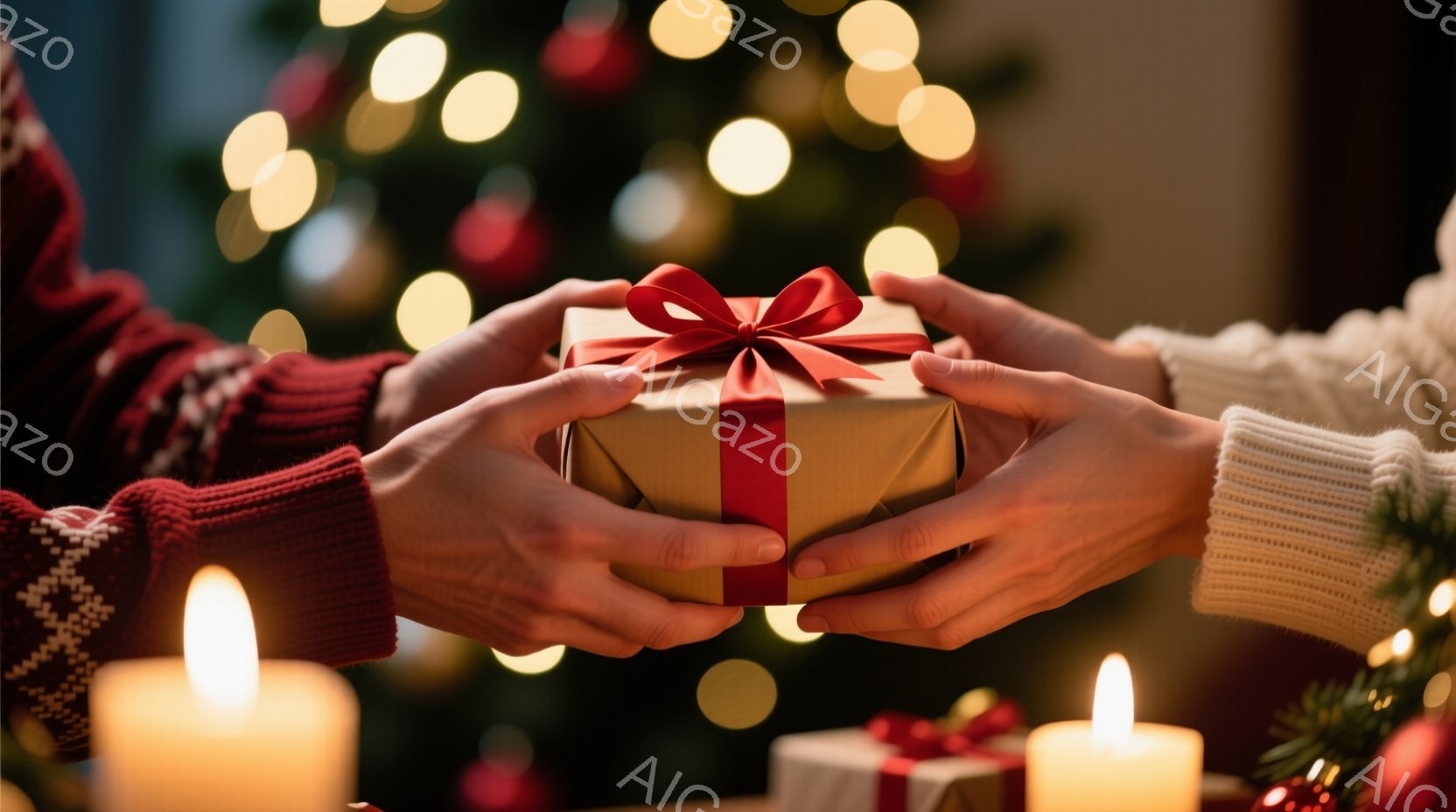 温かい光に包まれた画像で、二人の手がギフトボックスを優しく抱えています。ギフトボックスはクラフト紙のような色合いで、鮮やかな赤いリボンで飾られています。背景にはぼやけたクリスマスツリーと、暖かく揺らめくキャンドルの光があり、穏やかで心地よいクリスマスの雰囲気を醸し出しています。