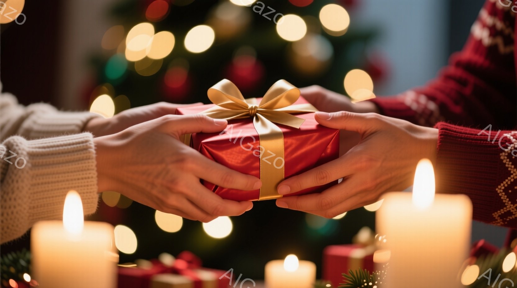 暖炉の光とぼんやりとした背景の中で、赤いギフトボックスが二人の手の間に抱えられています。ギフトボックスは金色のリボンで飾られ、プレゼント交換の温かい瞬間を捉えています。背景には、ぼやけたクリスマスツリ - AI生成フリー素材