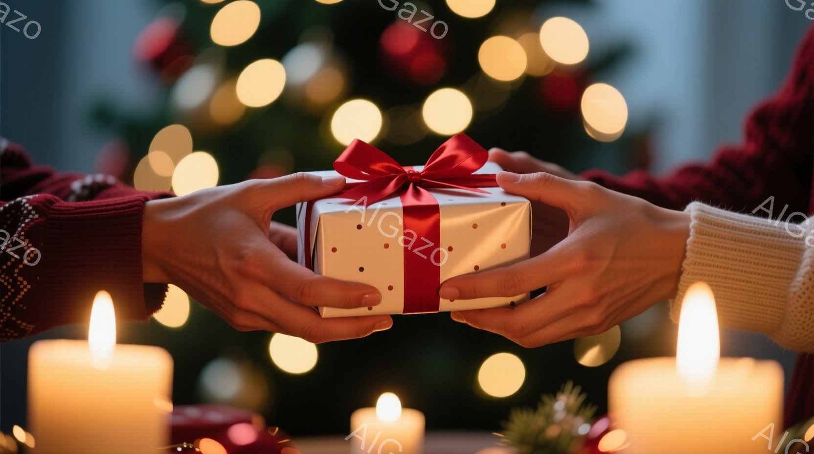 暖炉のぼんやりとした光の中で、誰かが白い包装紙に赤いリボンで結ばれたギフトボックスを両手で差し出している様子が捉えられています。背景にはぼやけたクリスマスツリーの光と、暖かく揺らめくキャンドルの炎が見 - AI生成フリー素材