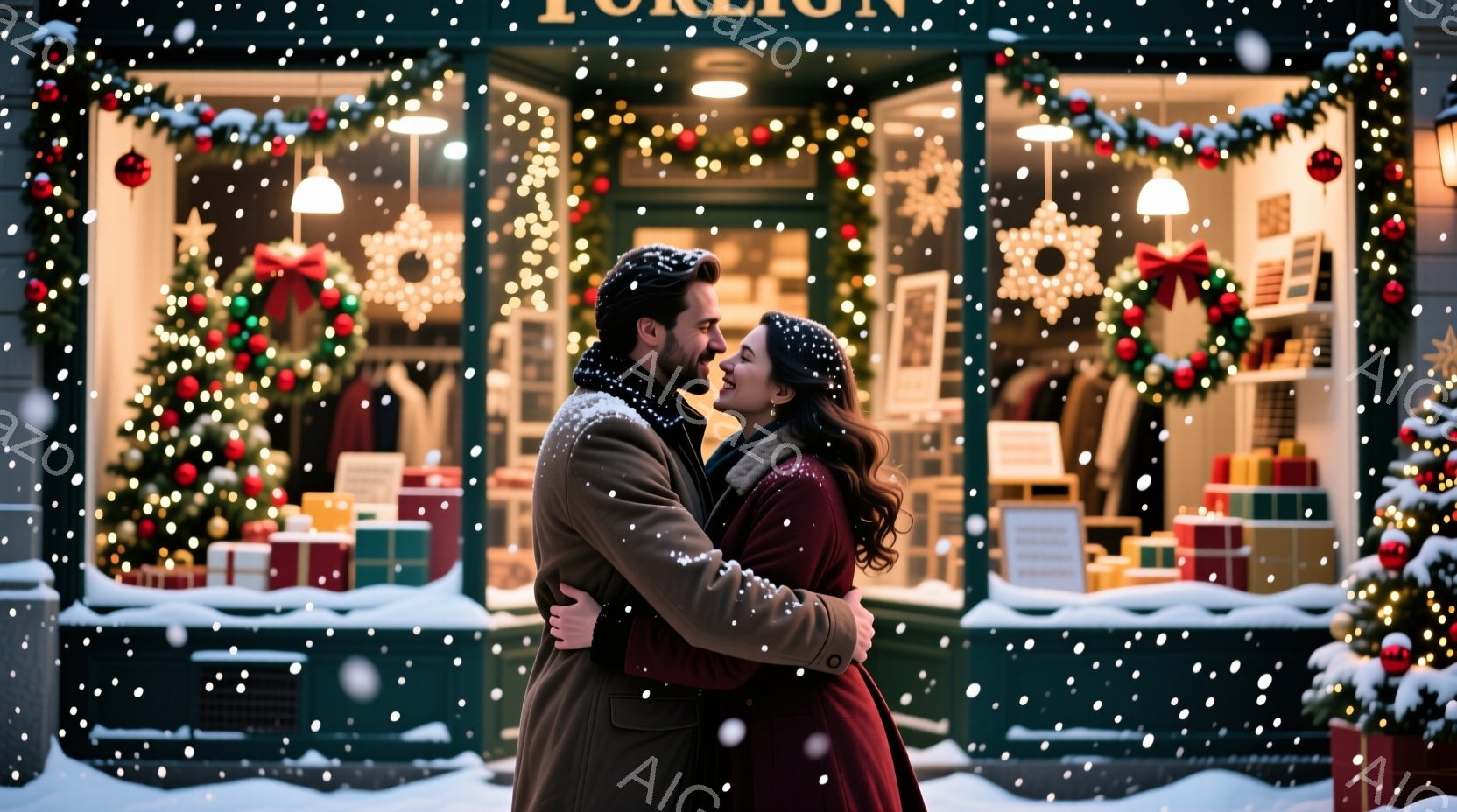 雪が舞う街中で、コートを着た男女が抱き合って微笑み合っている。女性は赤色のコートに長い巻き毛の髪型で、男性は濃い色のコートを着て少し無精髭を生やしている。背景にはクリスマス装飾が施された店があり、暖か - AI生成フリー素材