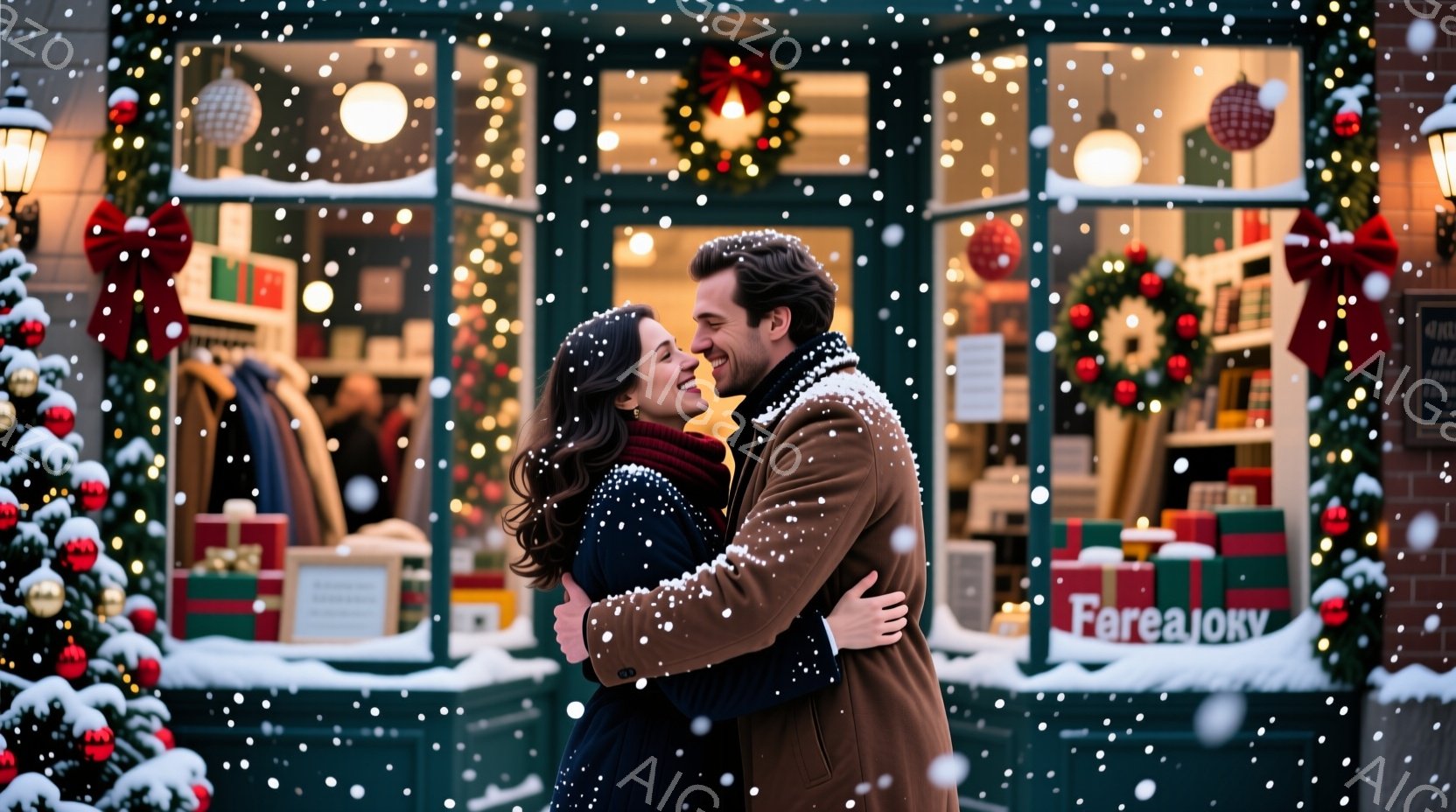 街の商店街を背景に、若い男女が抱き合って微笑んでいます。女性は茶色の髪を肩まで伸ばし、黒いコートと赤いスカーフを着ており、男性は濃い茶色の髪とひげを持ち、キャメル色のコートを着ています。背景にはクリスマスツリーや装飾が施された商店があり、雪が舞い散る冬の温かくロマンチックな雰囲気が漂っています。