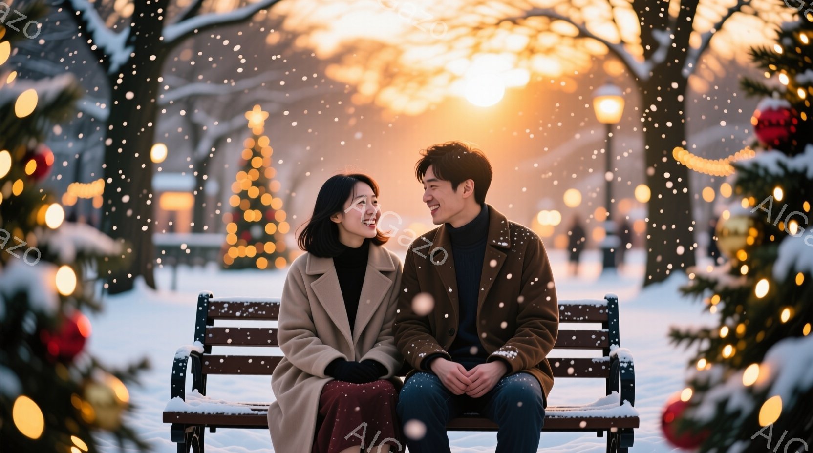 雪が降る公園のベンチに、若い男女が並んで座っている。女性はベージュのコートに赤茶色のスカート、男性はダークブラウンのコートを着ており、二人とも笑顔で楽しそうに相手を見つめている。背景にはクリスマスツリーが飾られ、夕焼け空が雪景色に暖かさを添えている。