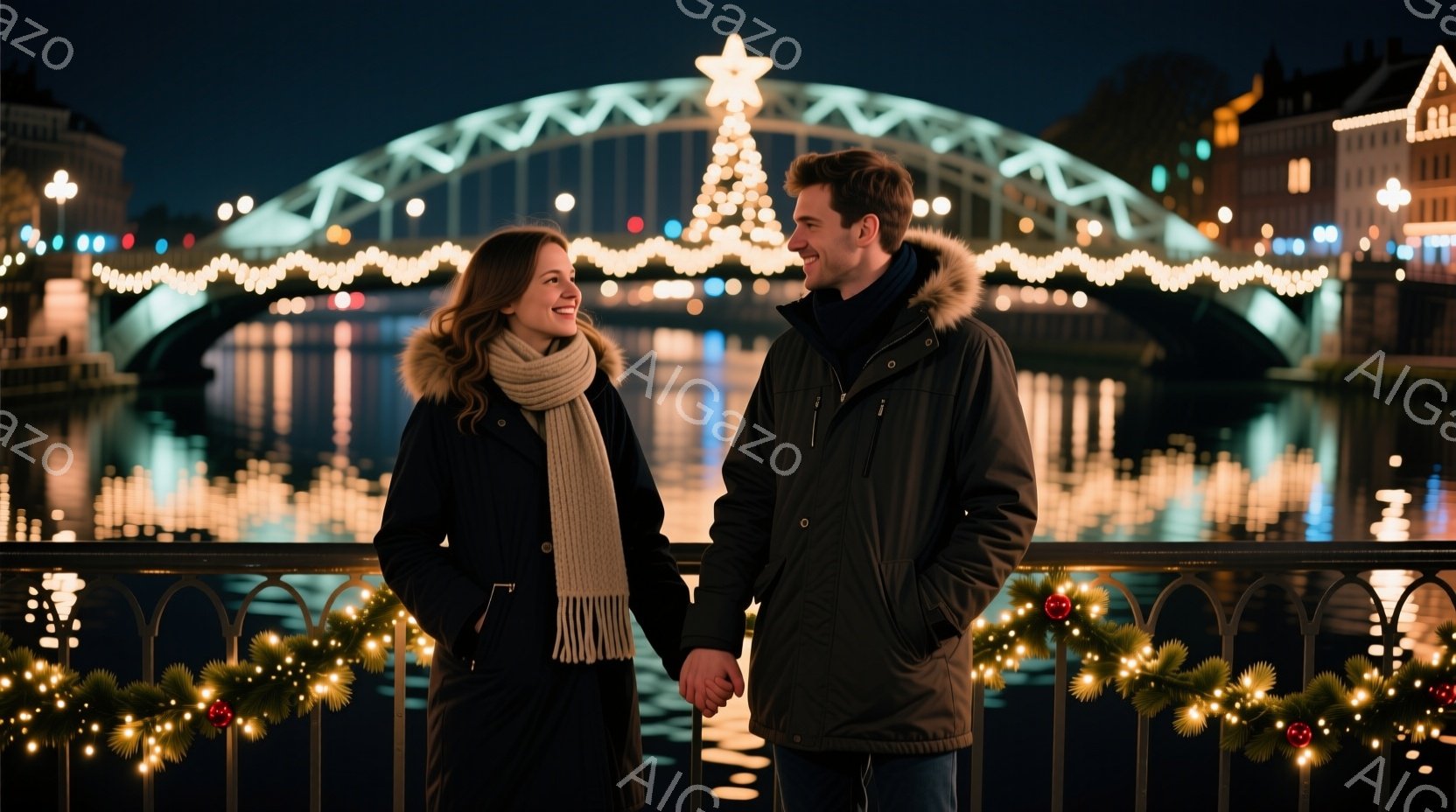 一対のカップルが、クリスマスイルミネーションで飾られた橋の欄干にもたれて寄り添っている。女性は黒いコートに巻きスカートを巻き、長い茶色の髪を肩から垂らしており、微笑んでいる。男性は黒いジャケットを着て - AI生成フリー素材
