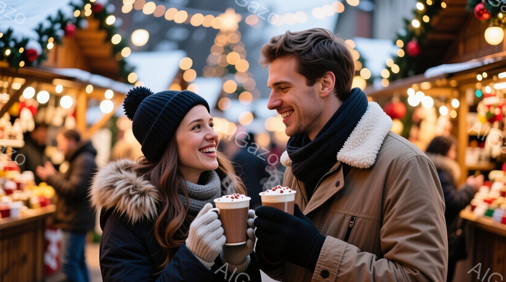 若い男女がクリスマスのマーケットで寄り添い、温かい飲み物を手にしている。女性は黒いニット帽とファー付きのジャケットを着ており、笑顔で男性を見つめている。背景には、ライトアップされた屋台や建物がぼやけ、クリスマスの華やかな雰囲気が漂っている。