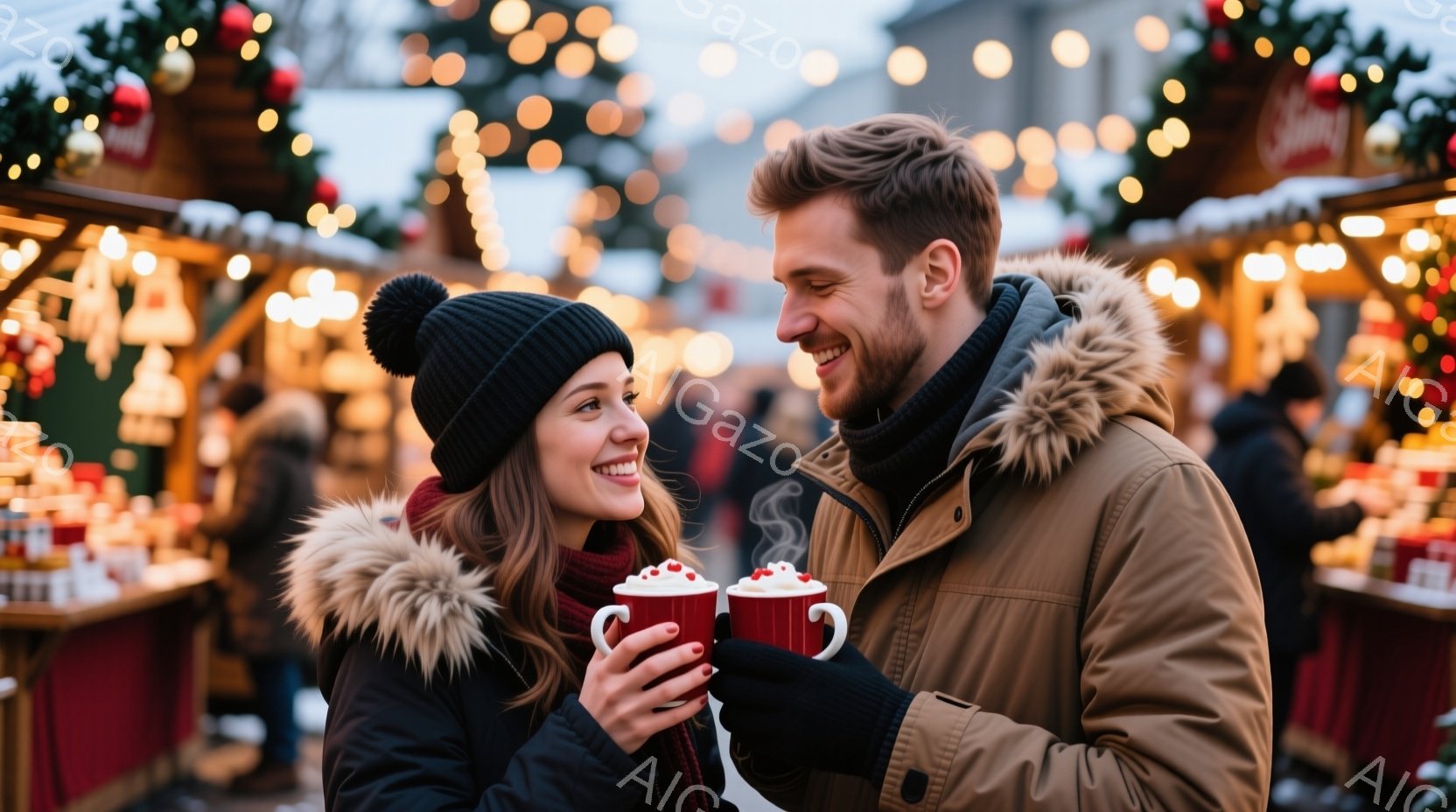 笑顔の若いカップルが、クリスマスのマーケットで温かい飲み物を手に寄り添っています。女性は黒いニット帽と毛皮の襟付きのジャケットを着ており、男性はダークなコートを着ています。背景には、賑やかなマーケット - AI生成フリー素材
