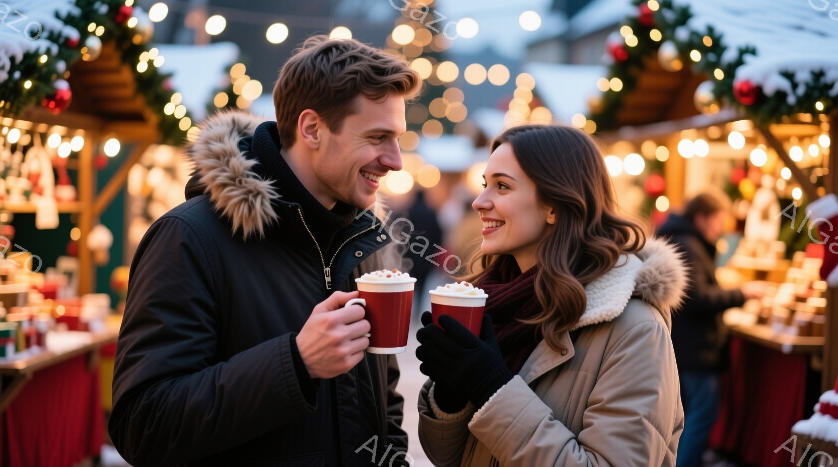 暖炉の襟付きの黒いジャケットを着た男性と、クリーム色のコートを着て黒い手袋をはめた女性が、温かい飲み物を持って互いに微笑み合っています。背景には、クリスマスの装飾が施された市場の屋台が並び、ぼやけた光 - AI生成フリー素材