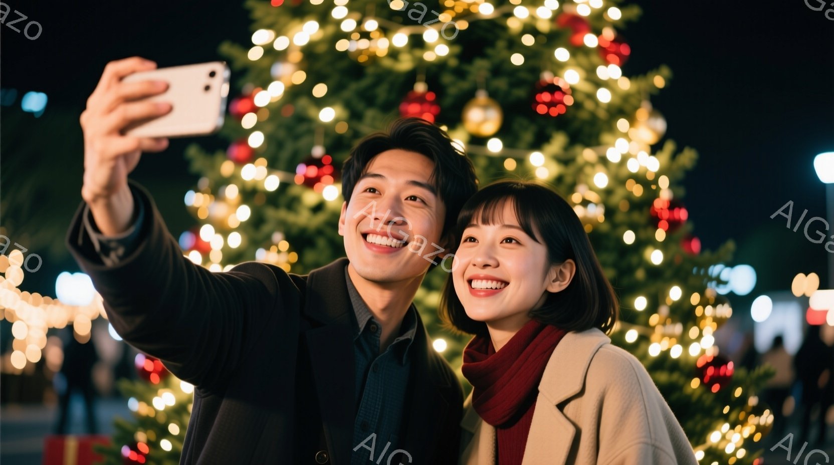 若い男女がクリスマスツリーの前でセルフィーを撮っています。男性はダークスーツに緑色のシャツを着ており、女性はベージュのコートと赤いマフラーを巻いています。背景には、イルミネーションで飾られたクリスマスツリーや賑やかな市場が見え、暖かい祝祭の雰囲気が漂っています。
