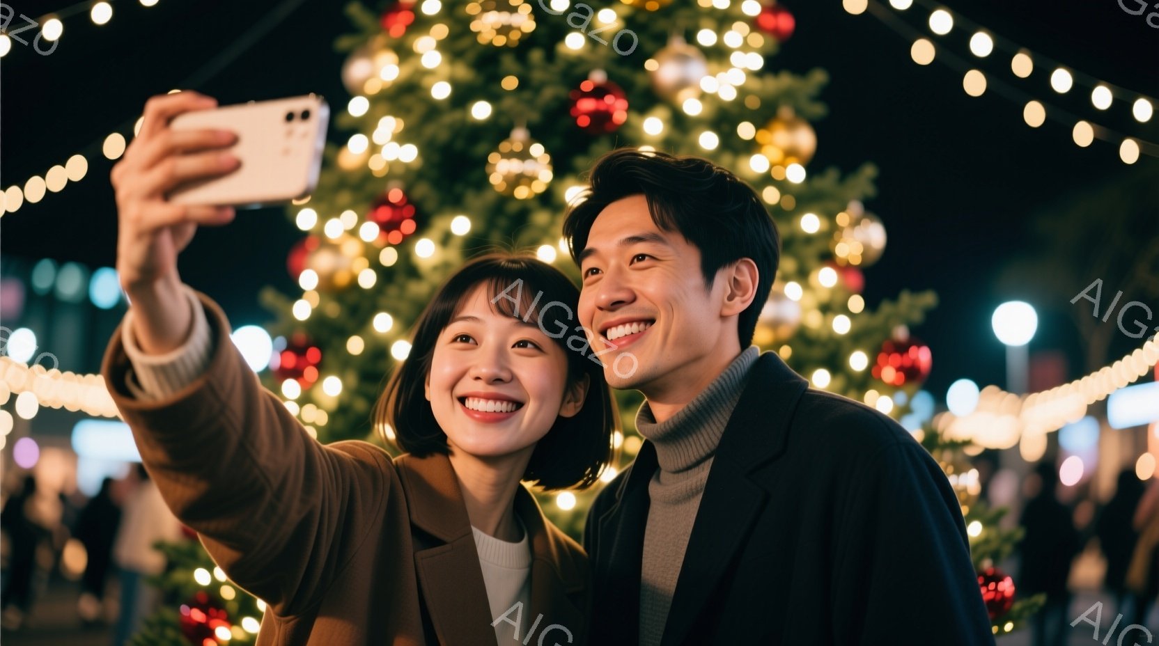 若い男女がクリスマスツリーの前で自撮りしている様子が写っている。女性はショートヘアでベージュのコートを着ており、男性は黒のタートルネックセーターを着ている。背景には、様々な色のライトで飾られた大きなク - AI生成フリー素材