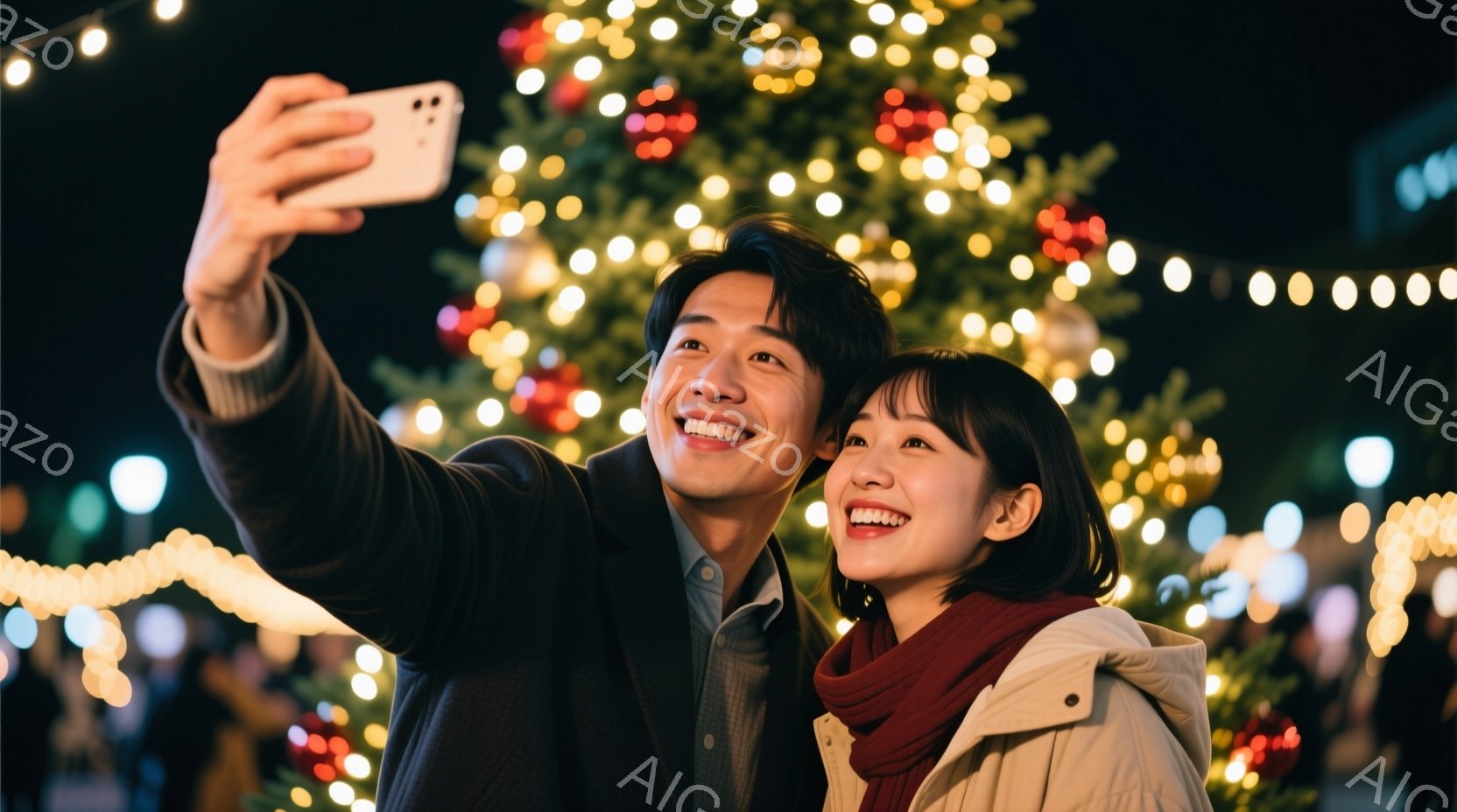 若い男女が、クリスマスツリーを背景に自撮りしている様子が写っている。男性は黒いジャケットに、女性は白いジャケットと赤いマフラーを身に着け、共に笑顔を見せている。背景には、光り輝くクリスマスツリーやイル - AI生成フリー素材