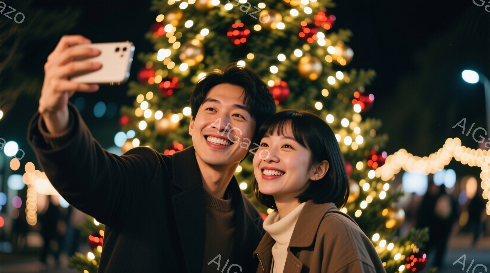 若い男性と女性が、クリスマスツリーの前で自撮りしている様子が写っています。男性は黒いジャケットを着て、女性はベージュのコートと白いセーターを着ており、二人とも満面の笑みを浮かべています。背景には、きらびやかなイルミネーションが広がり、暖かい祝祭の雰囲気が漂っています。
