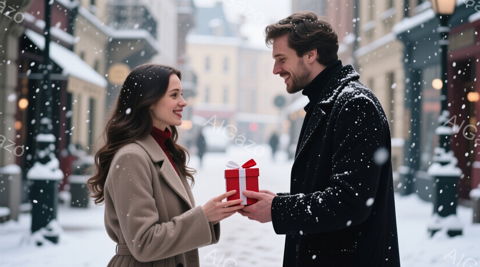 長い茶色のコートを着た女性が、赤いギフトボックスを受け取ろうとしています。男性は黒いコートを着て、微笑みながらギフトボックスを差し出しています。背景には雪が降り積もった建物が見え、冬の暖かい雰囲気を醸 - AI生成フリー素材