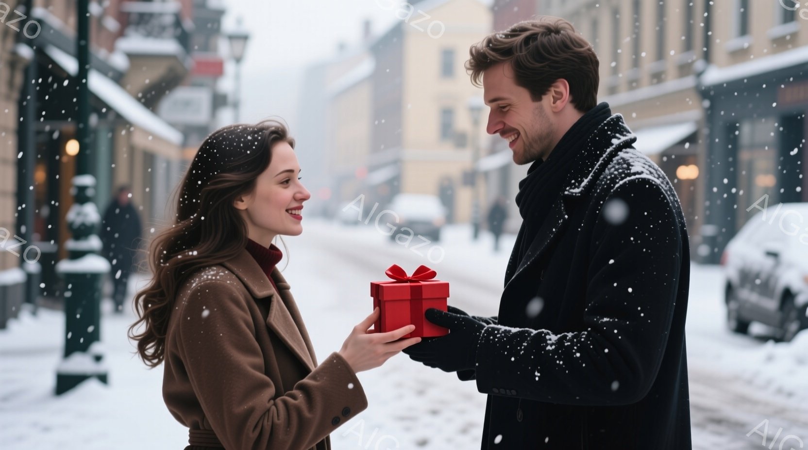 雪が降る街中で、一人の女性が赤いリボンで結ばれた赤いギフトボックスを受け取ろうとしている場面です。女性は茶色のコートを着て、ゆるいウェーブのかかった髪で微笑んでいます。男性は黒いコートを着て、ボックス - AI生成フリー素材