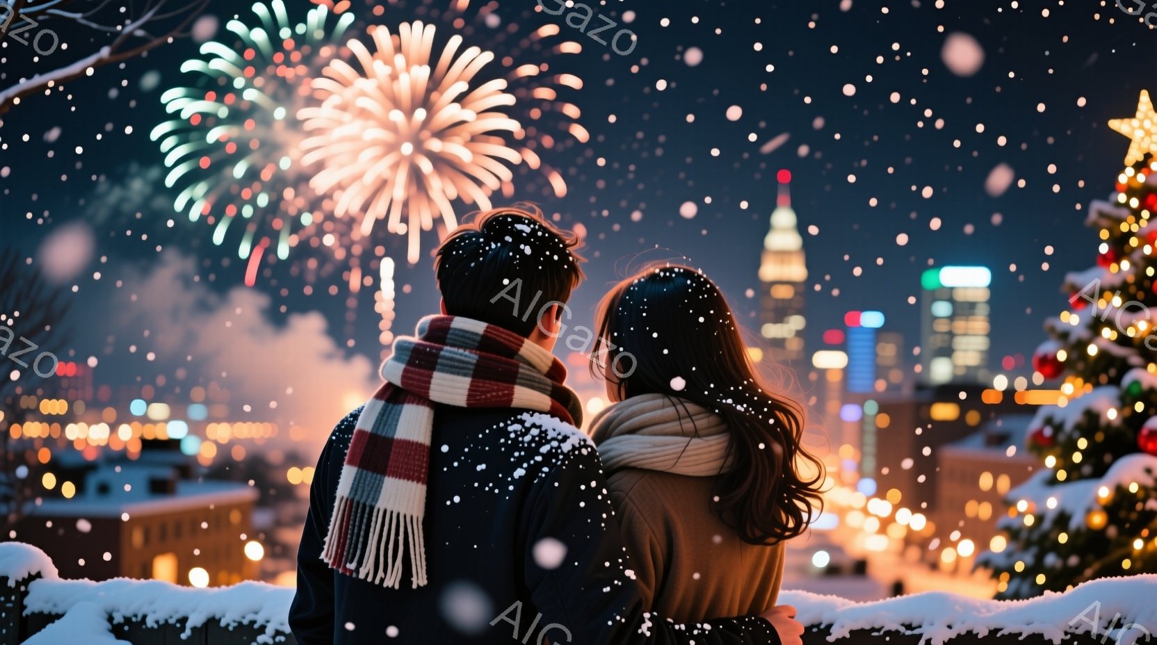 暖かいチェック柄のマフラーを巻いた男性と、長い巻き毛の女性が、雪が降り積もる夜景を見下ろしている。背景にはきらめく都市の明かりと、遠くで打ち上げられる花火が広がり、クリスマスの飾り付けが施された木々が - AI生成フリー素材