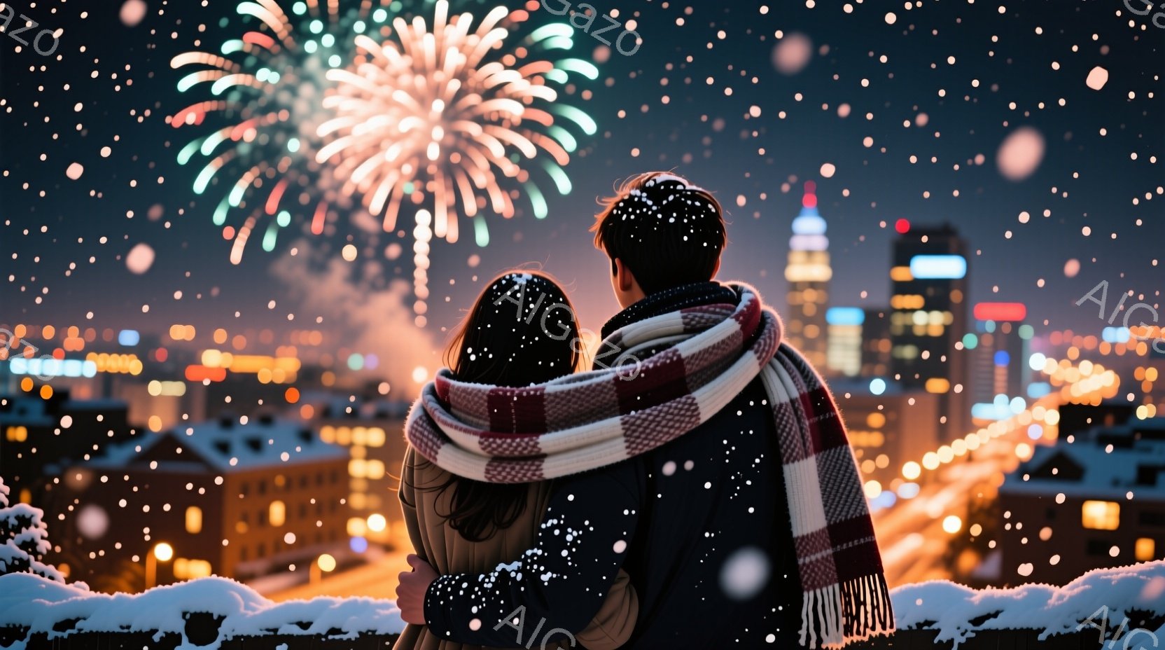 長い髪の女性と男性が寄り添って立っており、暖かいチェック柄のショールで体を包んでいます。背景には雪が舞い、遠くには都市の夜景が広がり、花火が夜空を彩っています。雪と花火、都市の光が重なり、ロマンチック - AI生成フリー素材