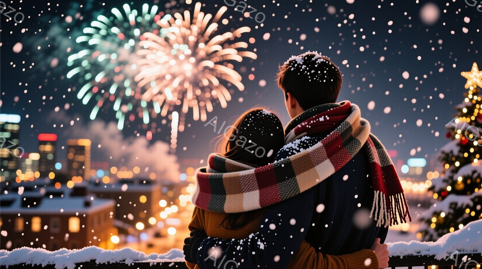 カップルは暖かいチェック柄のマフラーを巻き、互いに寄り添って夜景を見下ろしている。背景には雪が積もった屋根と、きらめく都市の明かり、そして夜空に咲く花火が広がっている。全体的に、暖かくロマンチックで冬 - AI生成フリー素材