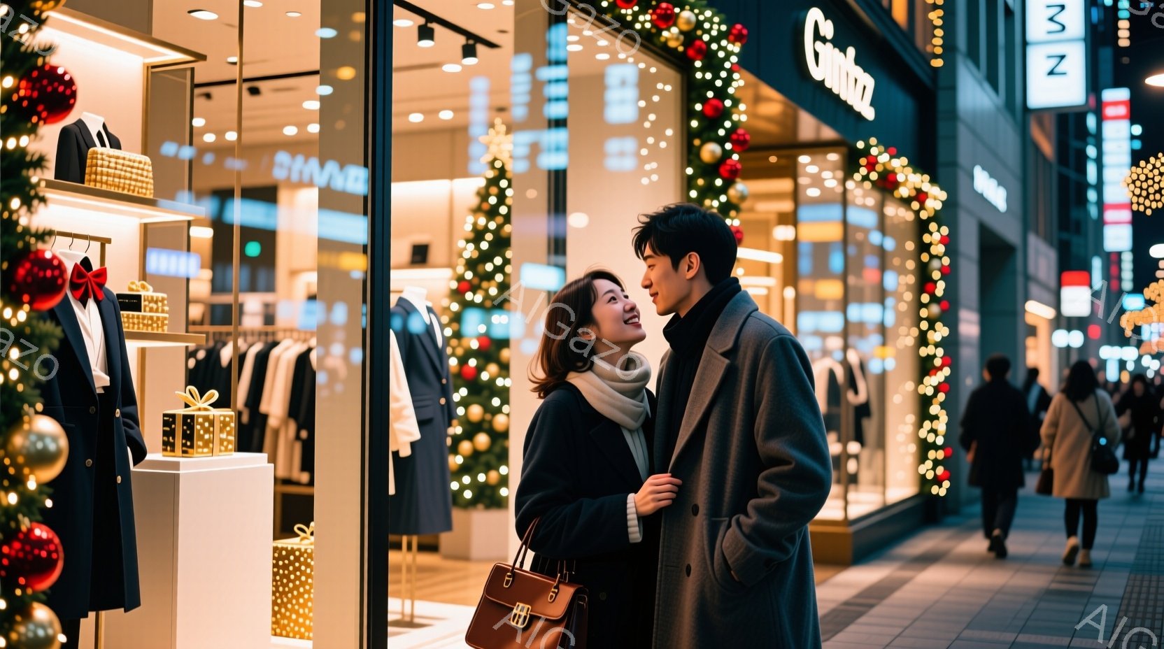 クリスマスシーズンらしい装飾が施されたショーウィンドウの前で、若い男女が寄り添って立っている。女性はクリーム色のマフラーを巻き、黒いハンドバッグを持ち、男性は黒いコートを着て、顔を見合わせて微笑んでい - AI生成フリー素材