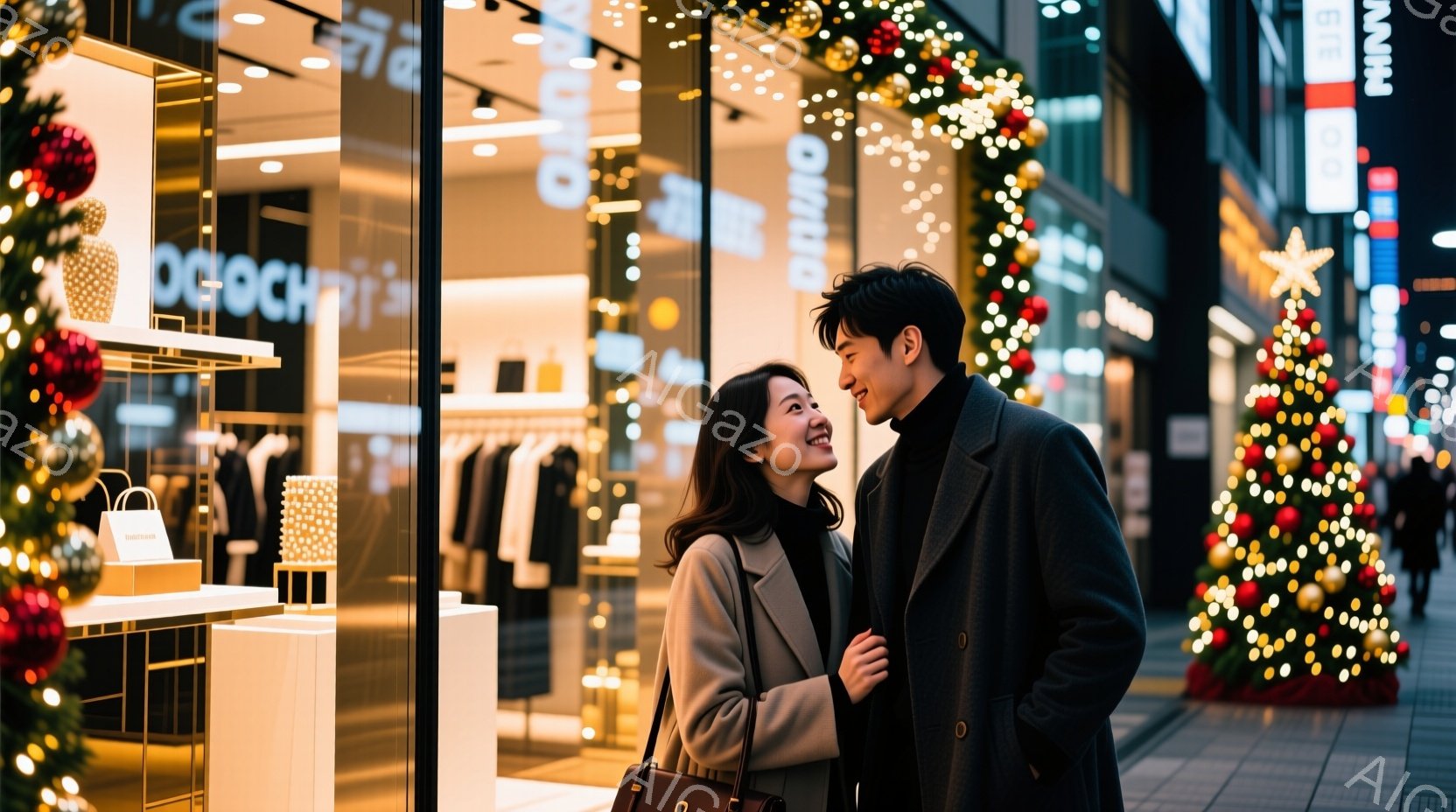 クリスマスのイルミネーションが輝く街中で、コートを着た若い男女が写っています。女性は長い茶色の髪で、笑顔で男性を見上げています。男性もまた、優しく微笑みながら女性を見ており、二人は親密な雰囲気で歩いています。