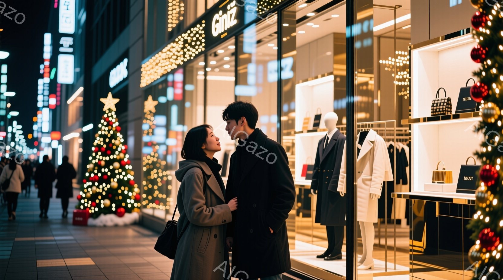 若い女性と男性が銀座のショーウィンドウの前で寄り添い、互いを見つめ合っている。女性はロングコートにダークヘア、男性は黒いコートと短髪で、少し照れたような優しい表情をしている。背景にはクリスマスイルミネーションが輝き、ショーウィンドウにはマネキンが展示され、冬の夜のロマンチックな雰囲気を演出している。