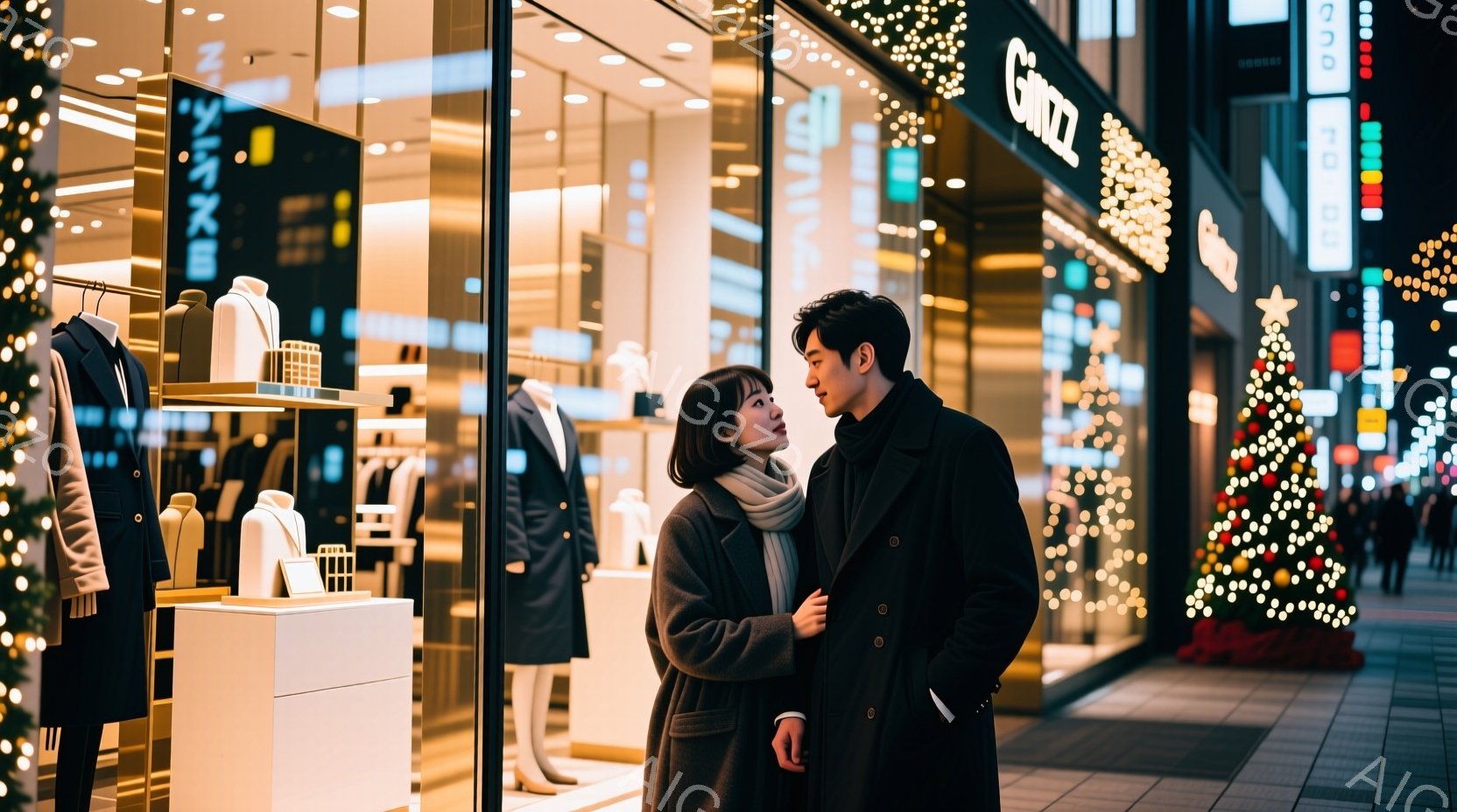 銀座のショーウィンドウの前で寄り添う若い男女が写っています。女性は茶色の長い髪で、ベージュのコートと白いマフラーを身に着け、男性は黒いコートと髪で、二人とも少し顔を見合わせて微笑んでいます。背景には、 - AI生成フリー素材