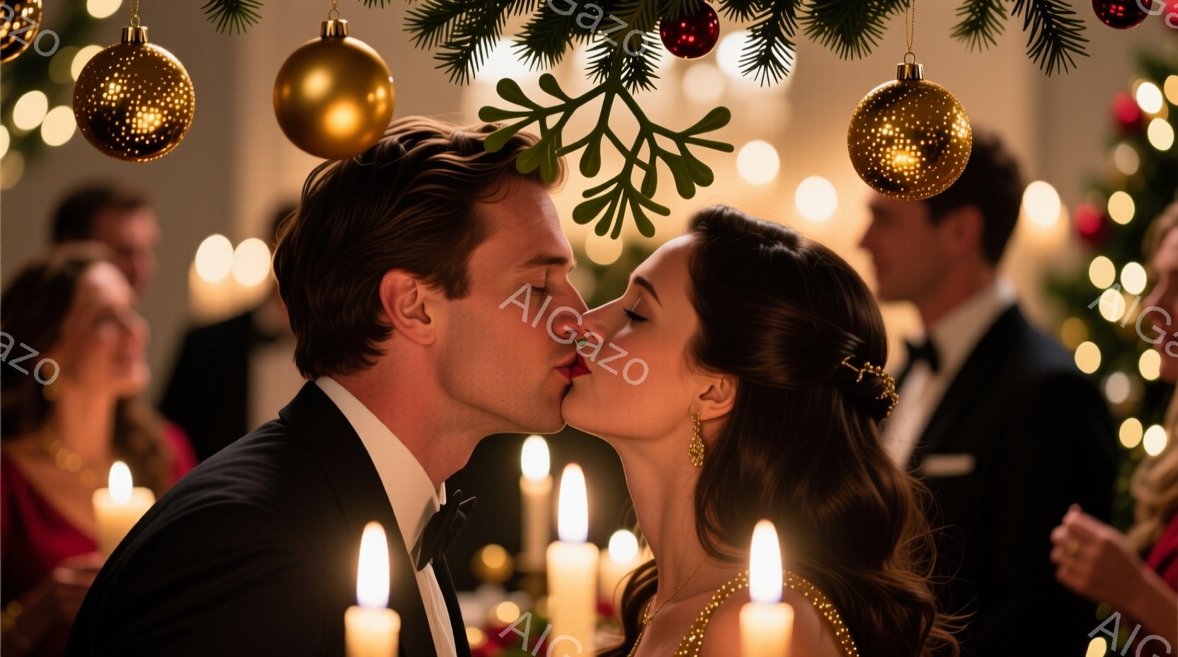 この画像では、フォーマルな服装をした男女がミステリーの下でキスをしている様子が捉えられています。男性は黒いタキシードを着て、女性はゴールドのアクセサリーを身に着け、髪を後ろにまとめ上げています。背景には、ぼやけた人物と、点在するキャンドルの光、そしてクリスマスツリーの装飾が見られ、ロマンチックで温かい雰囲気を醸し出しています。