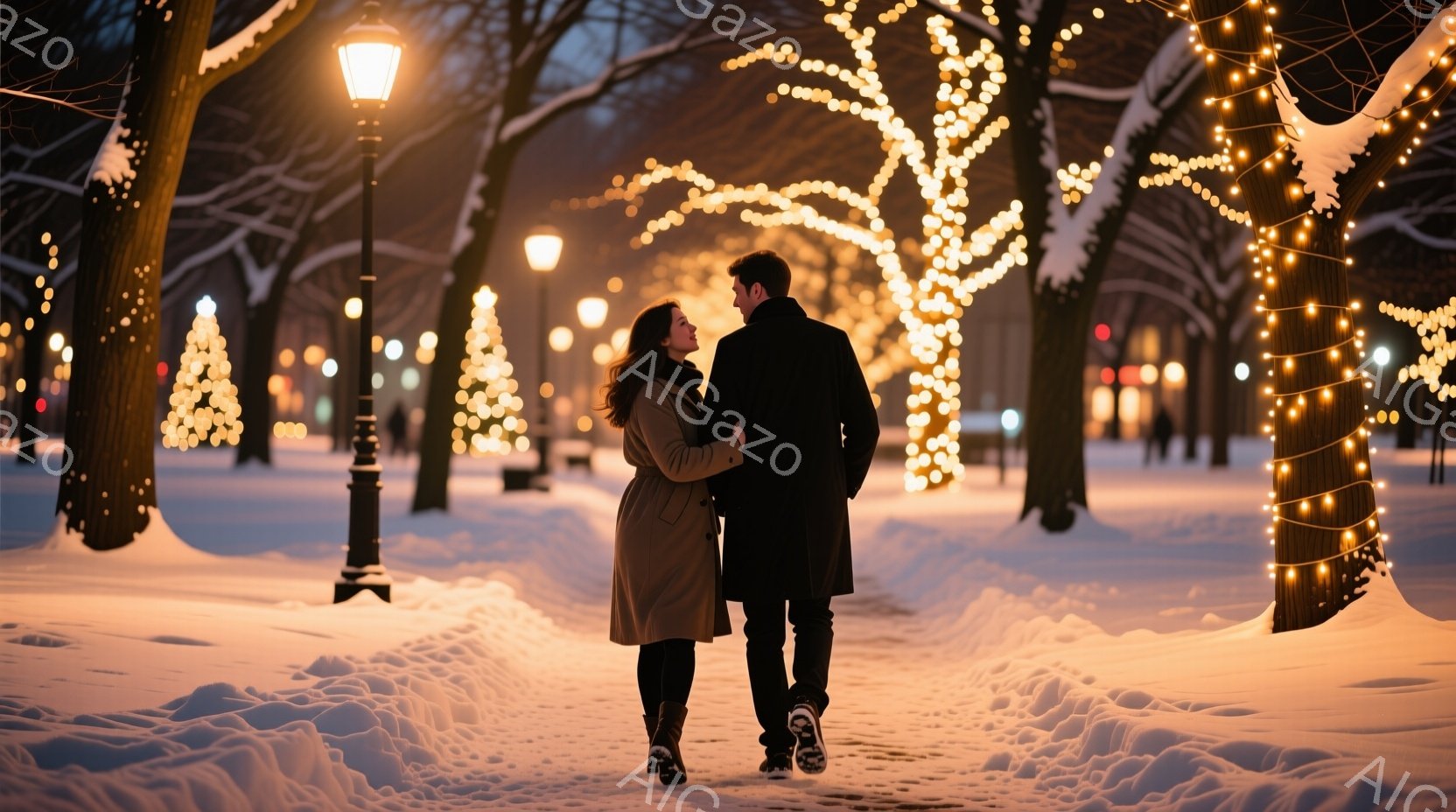 雪に覆われた並木道を、コートを着た男女が寄り添いながら歩いている。女性はロングコートとブーツを履き、髪を後ろで束ねている。背景にはクリスマスツリーのように飾り付けられた木々と、ぼんやりと見える街灯が並 - AI生成フリー素材
