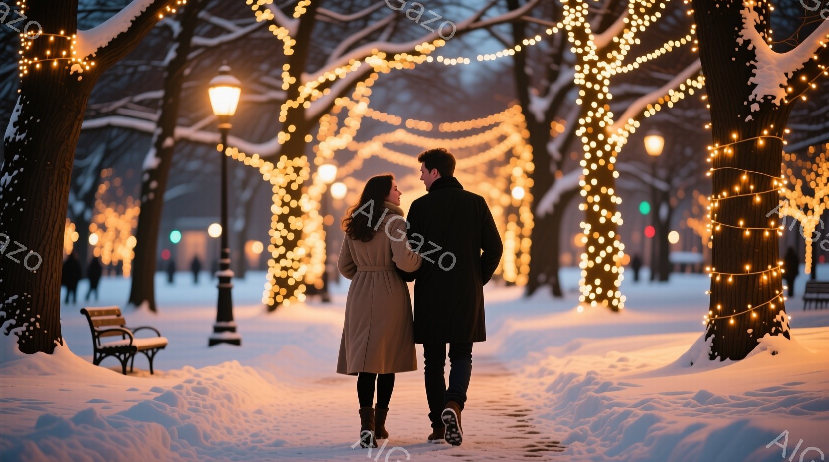 雪に覆われた公園の道で、一対の男女が寄り添いながら歩いている。女性は膝丈のベージュ色のコートを着ており、長い茶髪が背中に流れている。背景には、きらめく電飾で飾られた木々が立ち並び、冬の静かでロマンチッ - AI生成フリー素材