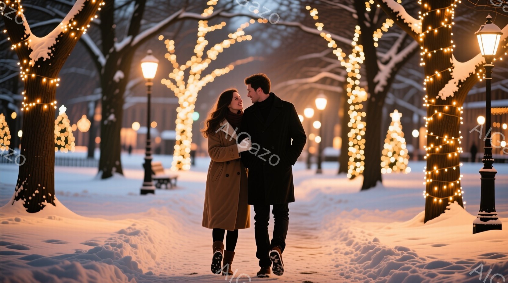 雪に覆われた公園を、コートを着た男女が寄り添いながら歩いている。女性は明るい色のコートに黒い手袋をはめ、髪を長く伸ばしている。背景には、イルミネーションで飾られた木々と、遠くに見える建物があり、温かく - AI生成フリー素材