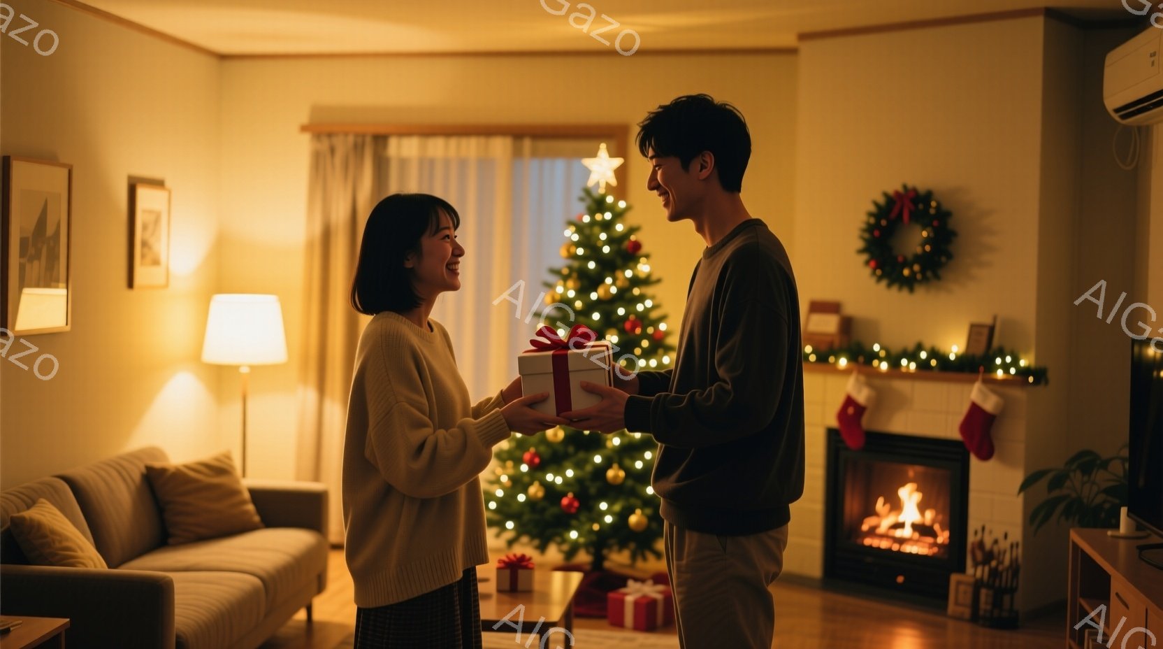 女性はベージュのセーターと緑色のスカートを着ており、笑顔でプレゼントを受け取ろうとしています。男性はグレーのシャツとベージュのパンツを着ており、優しくプレゼントを差し出しています。背景には、クリスマス - AI生成フリー素材