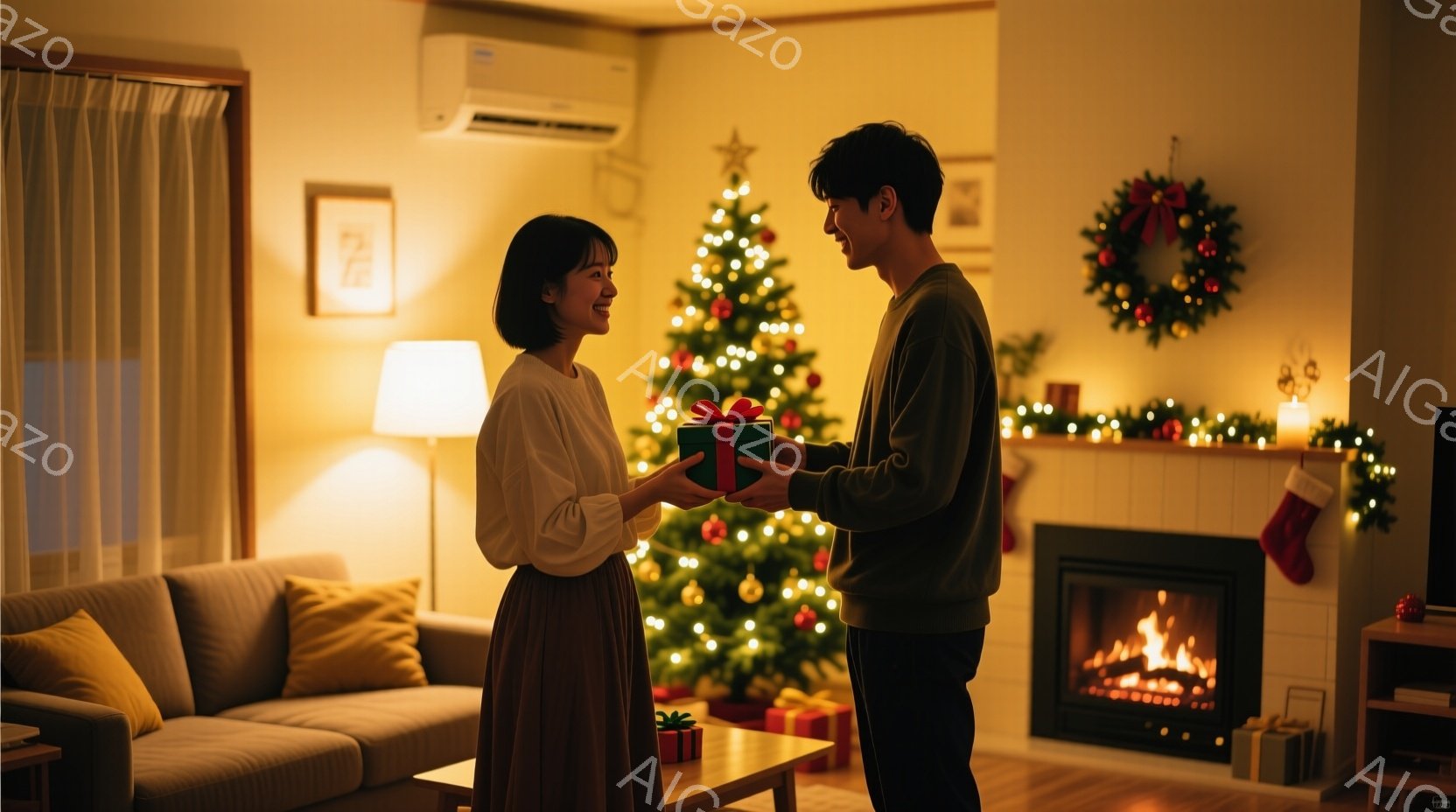 室内にはクリスマスツリーが飾られ、暖炉に火が灯っている温かいリビングルームで、一対の男女がプレゼントを交換し合っている様子が描かれている。女性は明るい色のセーターとロングスカートを身につけ、微笑みなが - AI生成フリー素材
