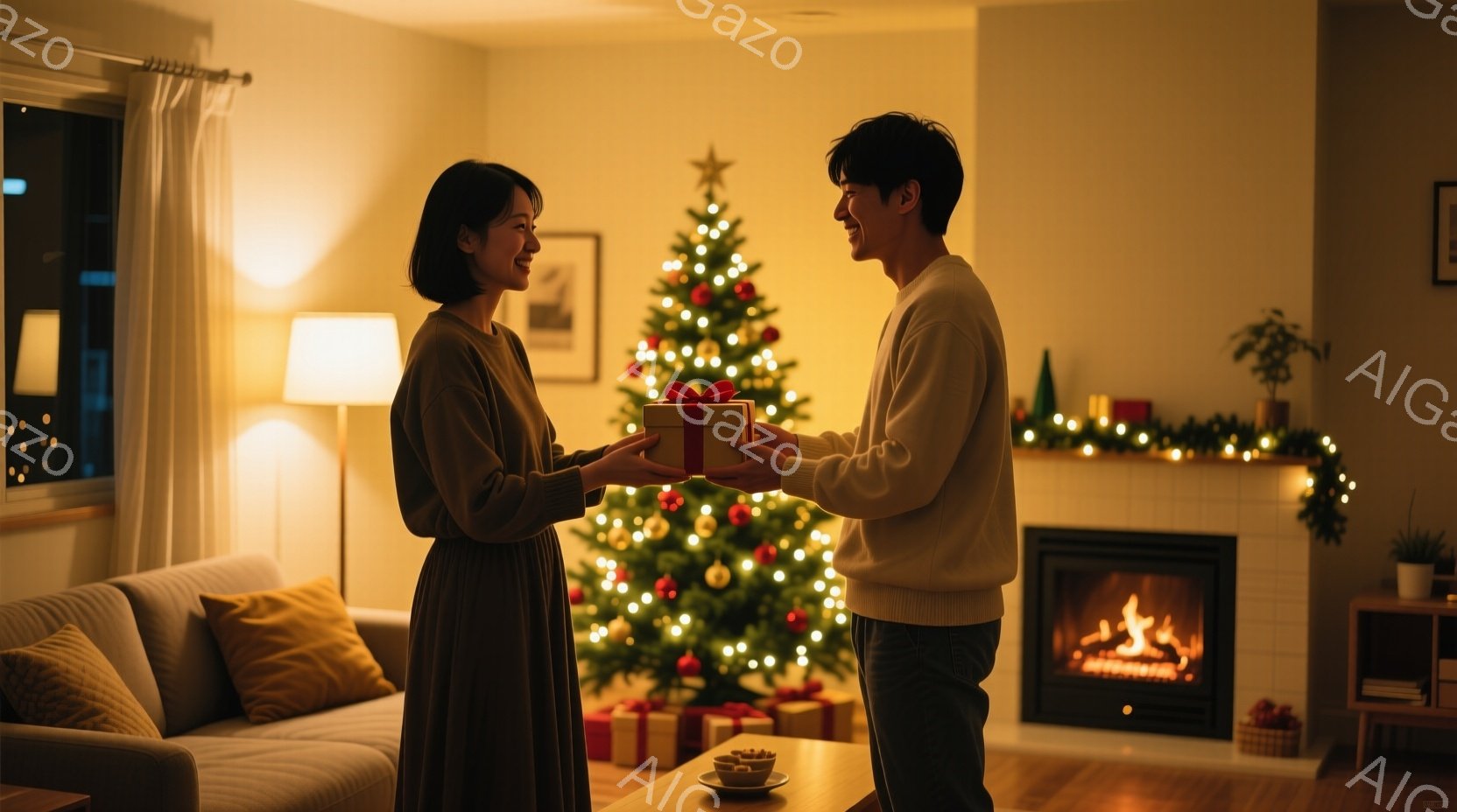 室内にはクリスマスツリーが飾られ、暖炉に火が灯っている温かい雰囲気の部屋で、一組の男女がプレゼントを交換している。女性は茶色のワンピースを着ており、男性はクリーム色のセーターを着ており、お互いに微笑み - AI生成フリー素材
