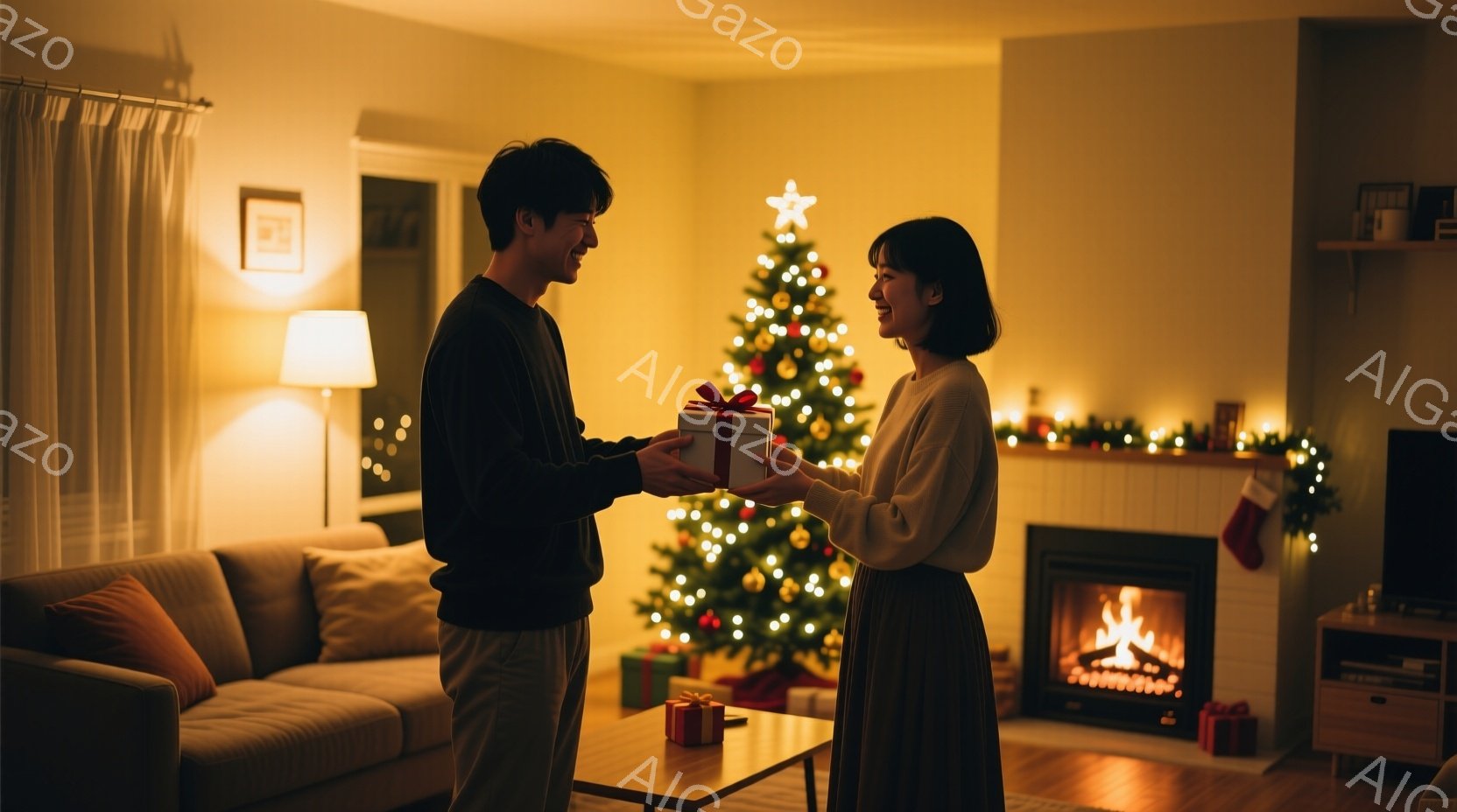 クリスマスツリーの前で、一対の男女がプレゼントを交換し合っています。男性は黒いセーターとグレーのズボンを着用し、女性はベージュのセーターと濃い緑のスカートを着ています。暖炉の火が暖かく照らし、部屋全体 - AI生成フリー素材