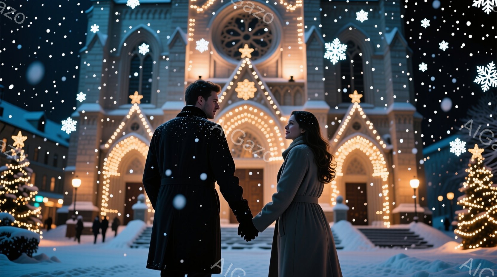 雪が降る夜、教会を背景に男女が手をつないで立っている。男性は黒の長いコートを着ており、女性はベージュのコートを着ている。教会のファサードは、暖かい光で飾られた電飾で美しく彩られ、周囲にはクリスマスツリーが飾られている。