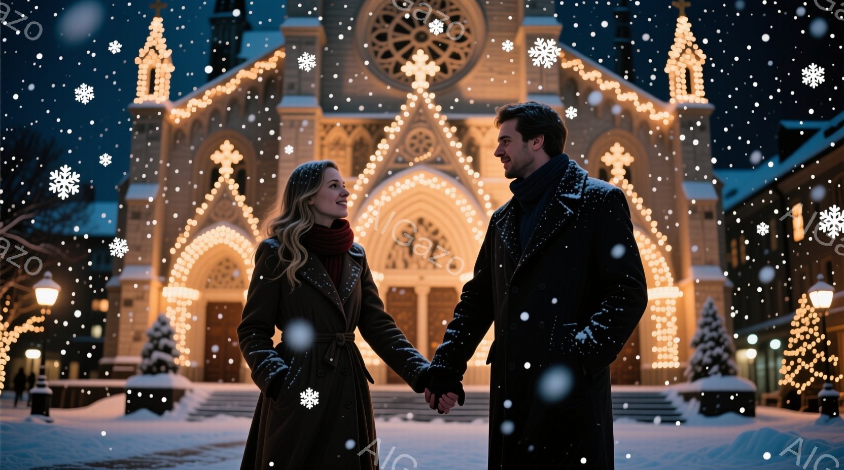 雪が舞う夜、男女が手をつないで正面を向いている。女性は赤いスカーフを巻き、茶色のコートを着ており、男性は黒いコートを着ている。背景には、クリスマスイルミネーションで飾られた教会があり、ロマンチックで温 - AI生成フリー素材