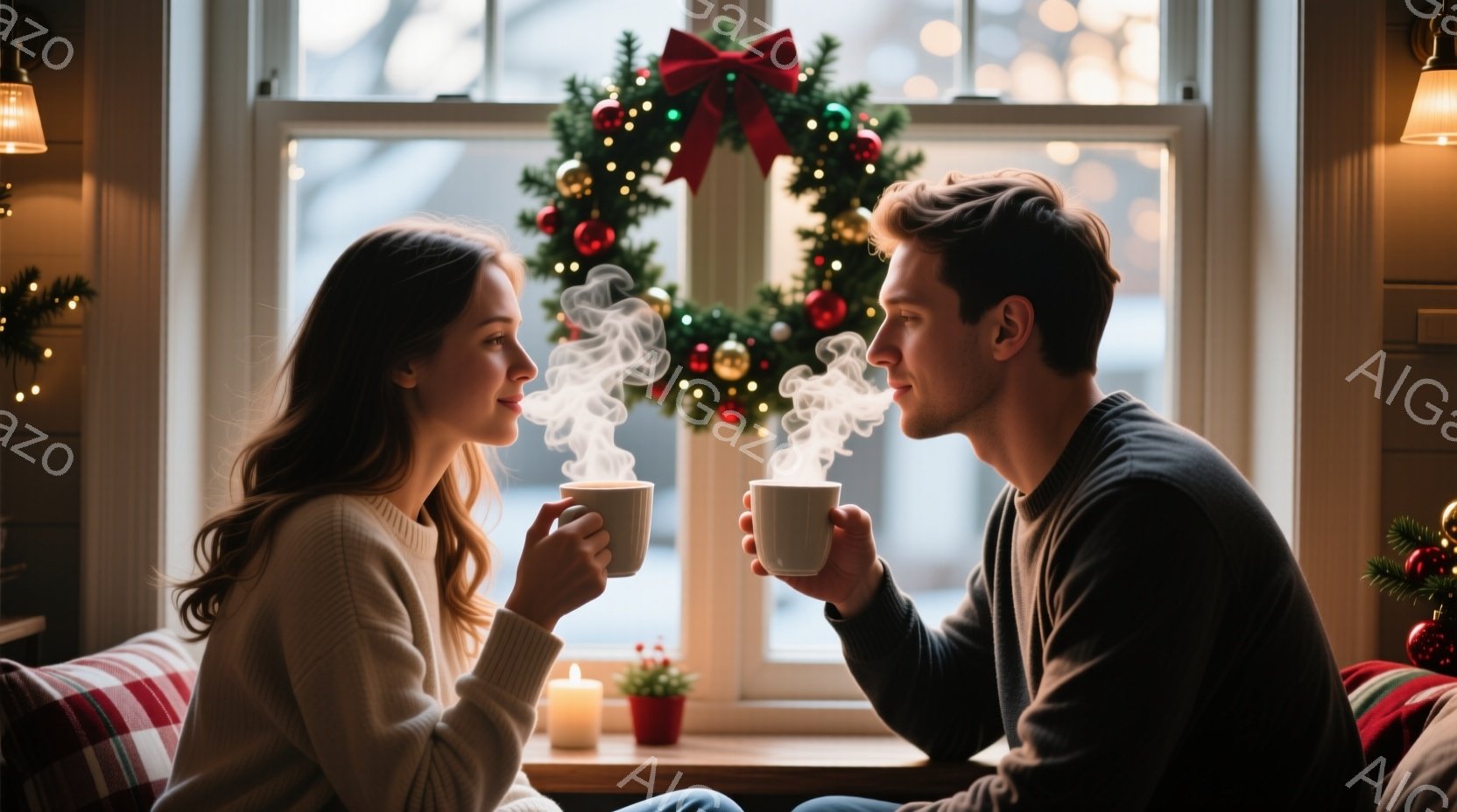 長い茶色の髪の女性と、短い黒髪の男性が、湯気の立つマグカップを手に、お互いに微笑み合いながら見つめ合っています。彼らは、クリスマスリースやキャンドル、植物が飾られた窓辺に座り、暖かく穏やかな雰囲気を醸 - AI生成フリー素材