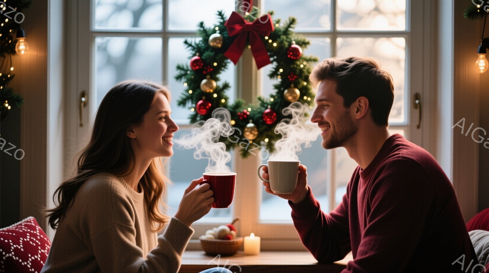 長い茶色の髪を降ろした女性と、短い髪の男性が、湯気の立つマグカップを手に、顔を見合わせて微笑んでいます。二人は木のテーブルを挟んで向かい合い、背景にはクリスマスリースと点在するキャンドル、そして窓の外には雪景色が見えます。温かく穏やかな、冬のクリスマスの雰囲気が漂う、幸せな瞬間を切り取った写真です。