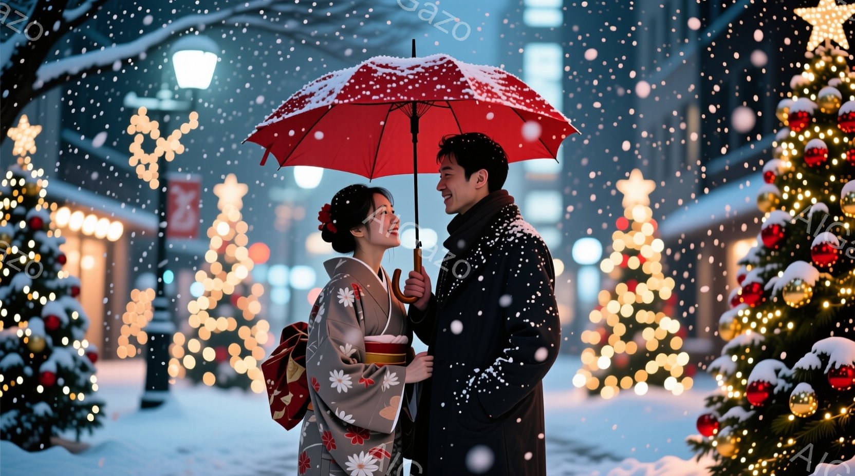 雪が降る中、着物姿の女性と黒いコートを着た男性が寄り添い、赤い傘を共有している。女性はクリーム色の着物に花柄が描かれ、髪は後ろでまとめられている。背景には、クリスマスツリーやイルミネーションで飾られた - AI生成フリー素材