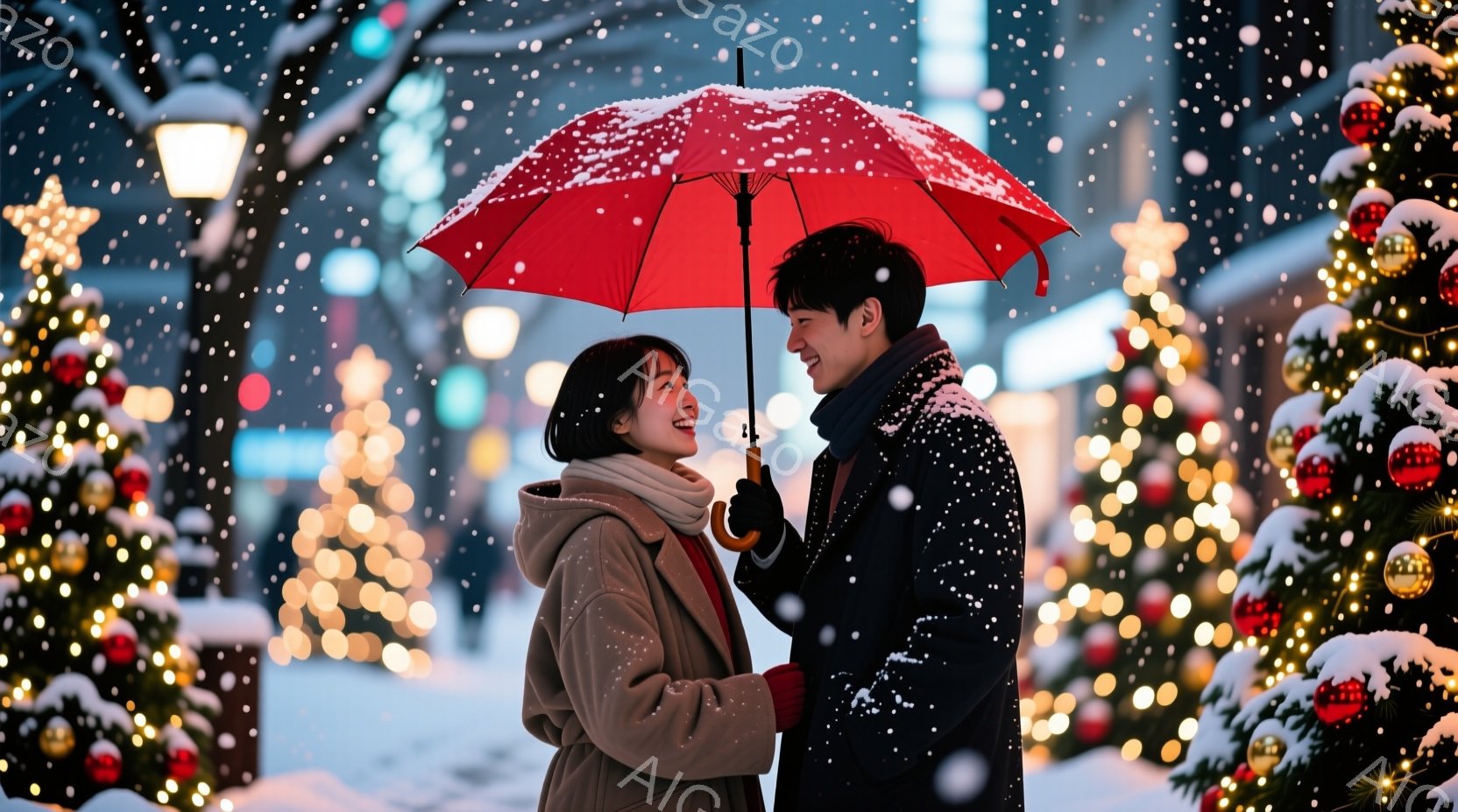 雪が降るクリスマスの夜、若い男女が赤い傘の下で微笑み合っています。女性はベージュのコートに白いマフラーを巻き、髪を後ろでまとめています。男性は黒いコートを着ており、女性を見つめて優しい笑顔を浮かべてい - AI生成フリー素材