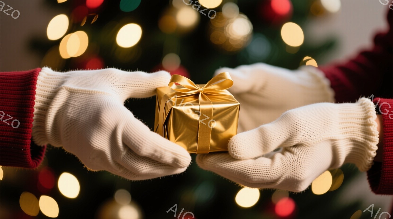 白いニットの手袋をはめた手が、小さな金色のギフトボックスを両手で抱えています。背景にはぼやけた赤い光と、ぼんやりとした緑色のクリスマスツリーが見え、温かいお祝いの雰囲気を醸し出しています。ギフトボックスに結ばれたリボンが、贈る相手への思いやりと愛情を表しています。