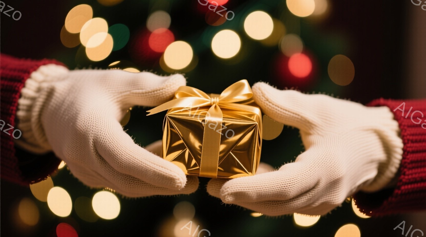 白いニットの手袋をはめた手が、きらびやかな金のギフトボックスをそっと抱えている。背景には、ぼやけた赤い布地と、温かい光を放つぼやけた黄色の光が散りばめられ、お祝いの雰囲気を醸し出している。全体的に、穏やかで温かい、冬のホリデーズの雰囲気が感じられる。