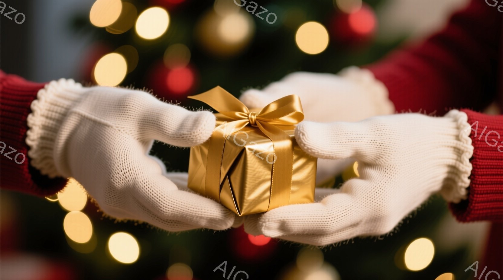 白いニットの手袋をはめた手が、金色のリボンで飾られた小さなギフトボックスを両手で大切に抱えています。背景はぼやけたクリスマスツリーの飾りと暖かい光で、お祝いと喜びの雰囲気が漂っています。ギフトボックス - AI生成フリー素材