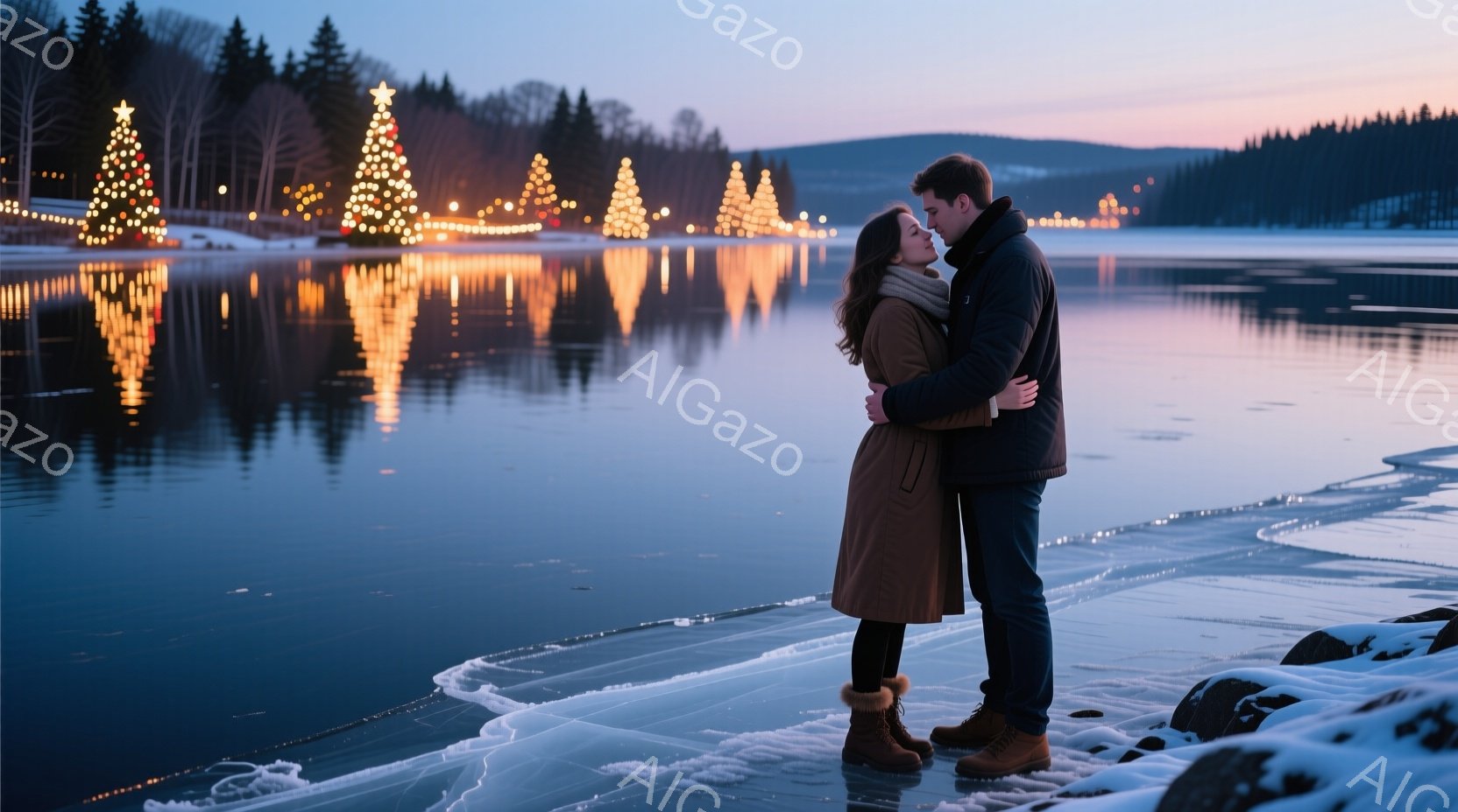 カップルが凍った湖のほとりで抱き合っています。女性はキャメル色のコート、ブーツ、ゆるく巻いた髪をしており、男性は濃い色のコートを着ています。背景には、光り輝くクリスマスツリーが並び、凍った湖面に反射し、穏やかでロマンチックな雰囲気を醸し出しています。