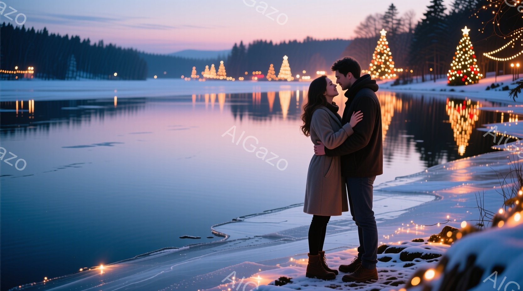 湖畔で寄り添う若いカップルが描かれています。女性は茶色の毛髪で、ベージュ色のコートと黒いブーツを履いています。背景には雪に覆われた木々と、クリスマスのイルミネーションで飾られた木々が並び、湖面にはそれ - AI生成フリー素材