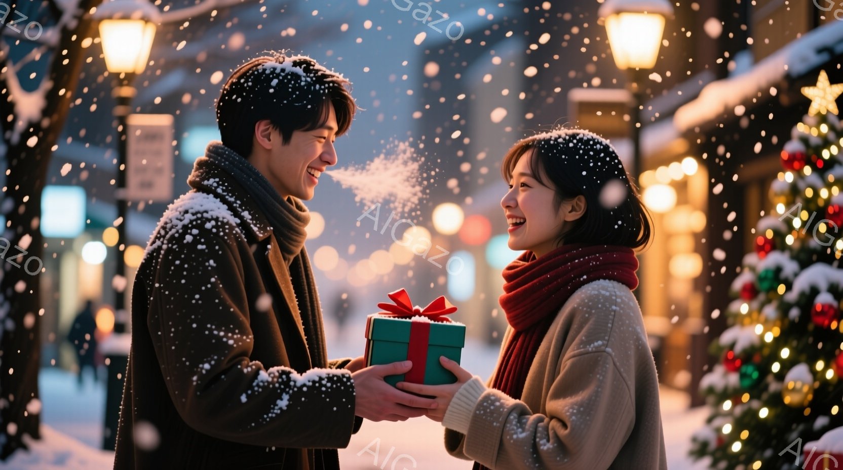 暖炉の光が降り注ぐ雪の降る夜に、若い男女がプレゼントを交換し合っている様子が描かれています。男性は黒いコートと赤いマフラーを身につけ、女性はベージュ色のコートと赤いマフラーを身につけ、笑顔でプレゼント - AI生成フリー素材