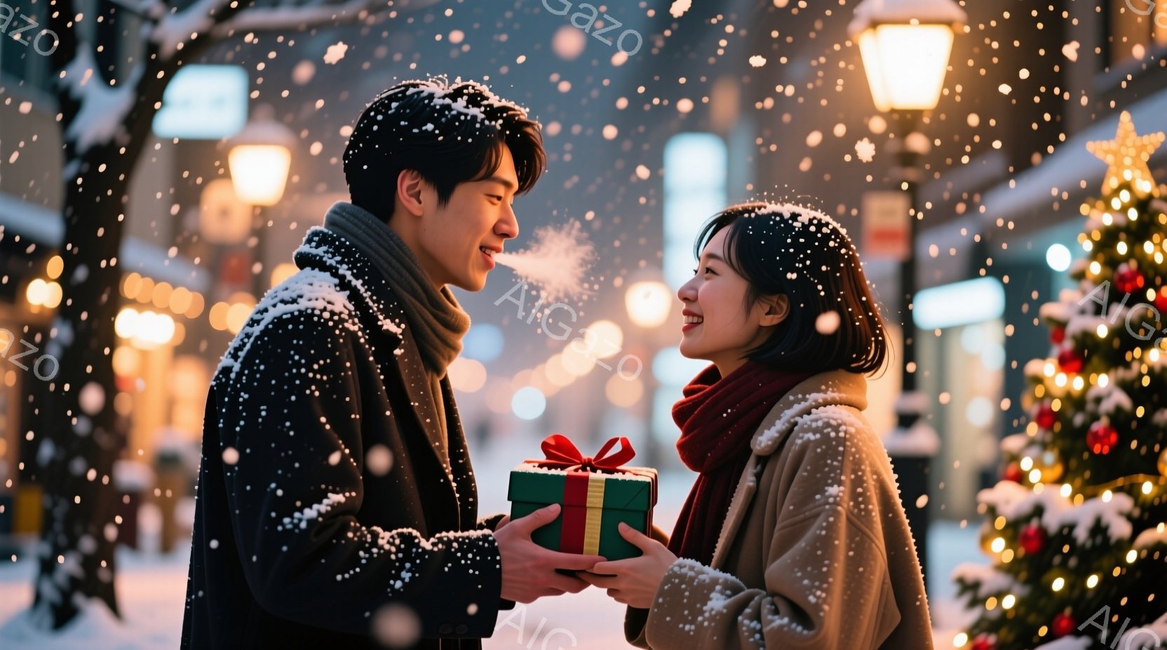 吹雪の中で、若い男女がプレゼントを交換している場面だ。男性は黒いコートに赤いマフラーを巻き、女性はベージュのコートに同じく赤いマフラーを着用し、共に微笑んでいる。背景にはクリスマスツリーや街灯が光り、 - AI生成フリー素材