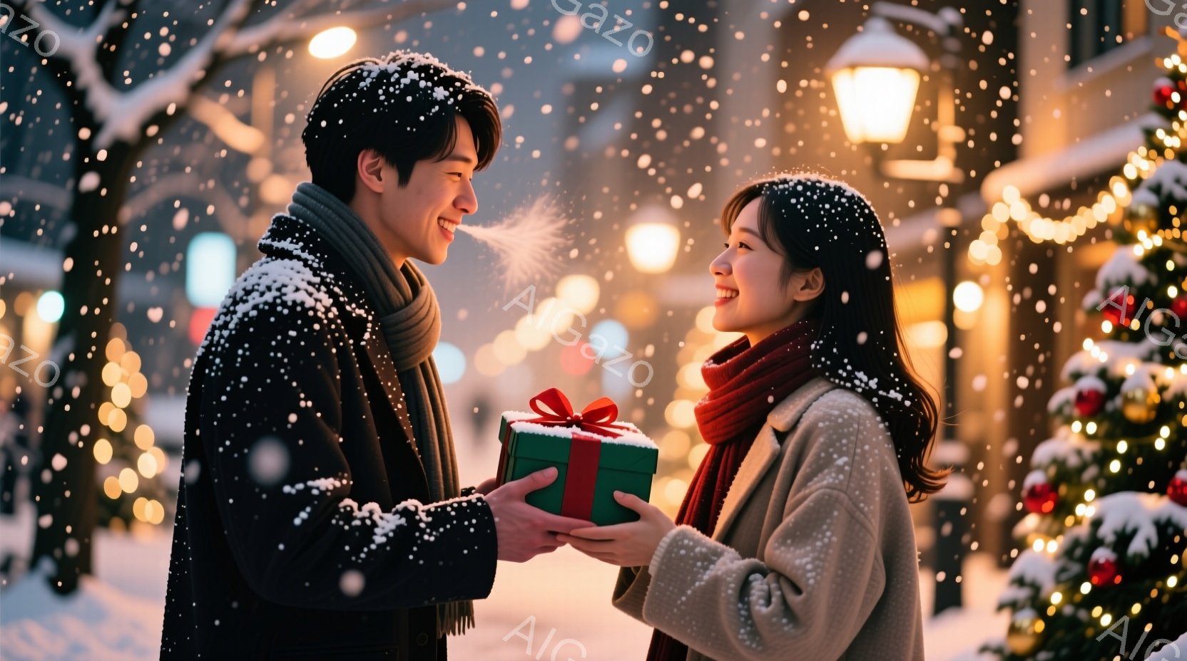 吹雪の中、若い男女がプレゼントを交換している様子が描かれている。男性は黒のコートにマフラーを巻き、女性はベージュのコートと赤いマフラーを身につけており、互いに微笑み合っている。背景にはクリスマスツリー - AI生成フリー素材