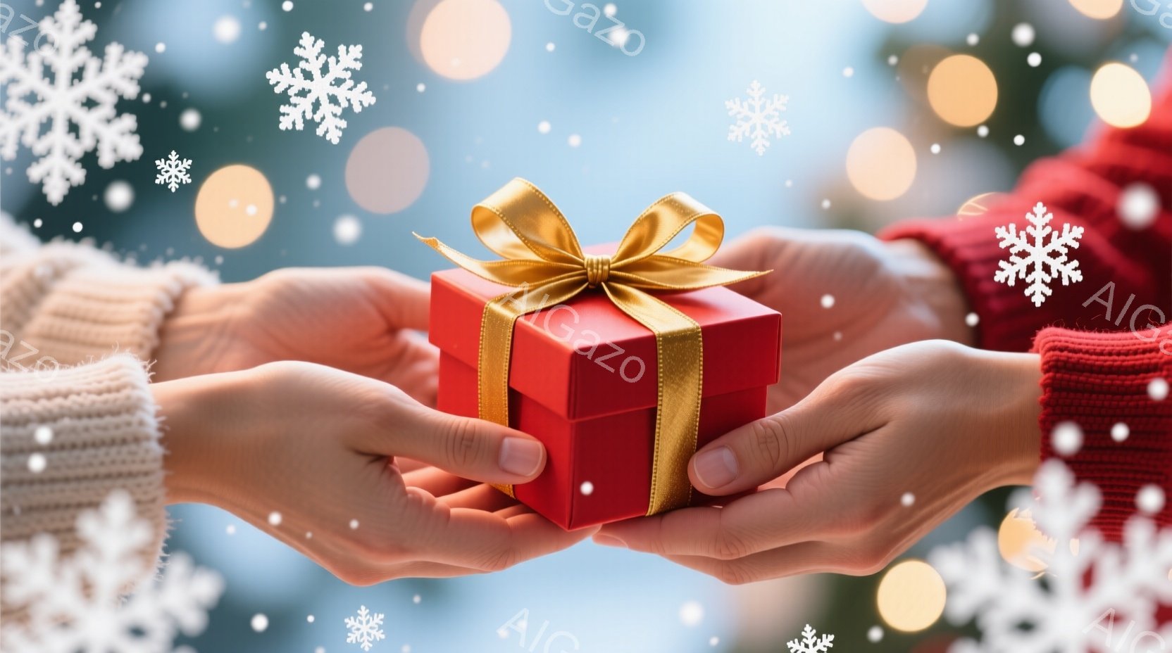 赤いギフトボックスが、ニットを着た二人の手の間に抱えられています。背景はぼやけたクリスマスツリーの光と雪のフレークで、温かくお祝いの雰囲気を作り出しています。贈り物を渡す、または受け取る瞬間の、愛情と - AI生成フリー素材