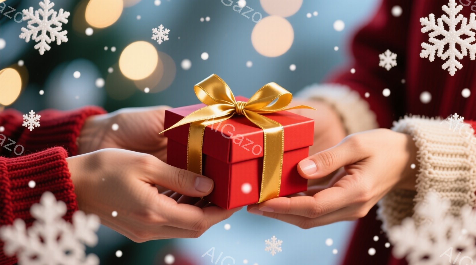 赤いギフトボックスが、赤いセーターを着た人と、白いセーターを着た人の手によって渡されています。背景はぼかされており、暖かく光るぼんやりとした光点と、冬の雰囲気を感じさせる雪の結晶が散りばめられています。この場面は、贈り物を受け取る喜びと温かい感情を表しており、冬の季節の贈り物交換の様子を示唆しています。